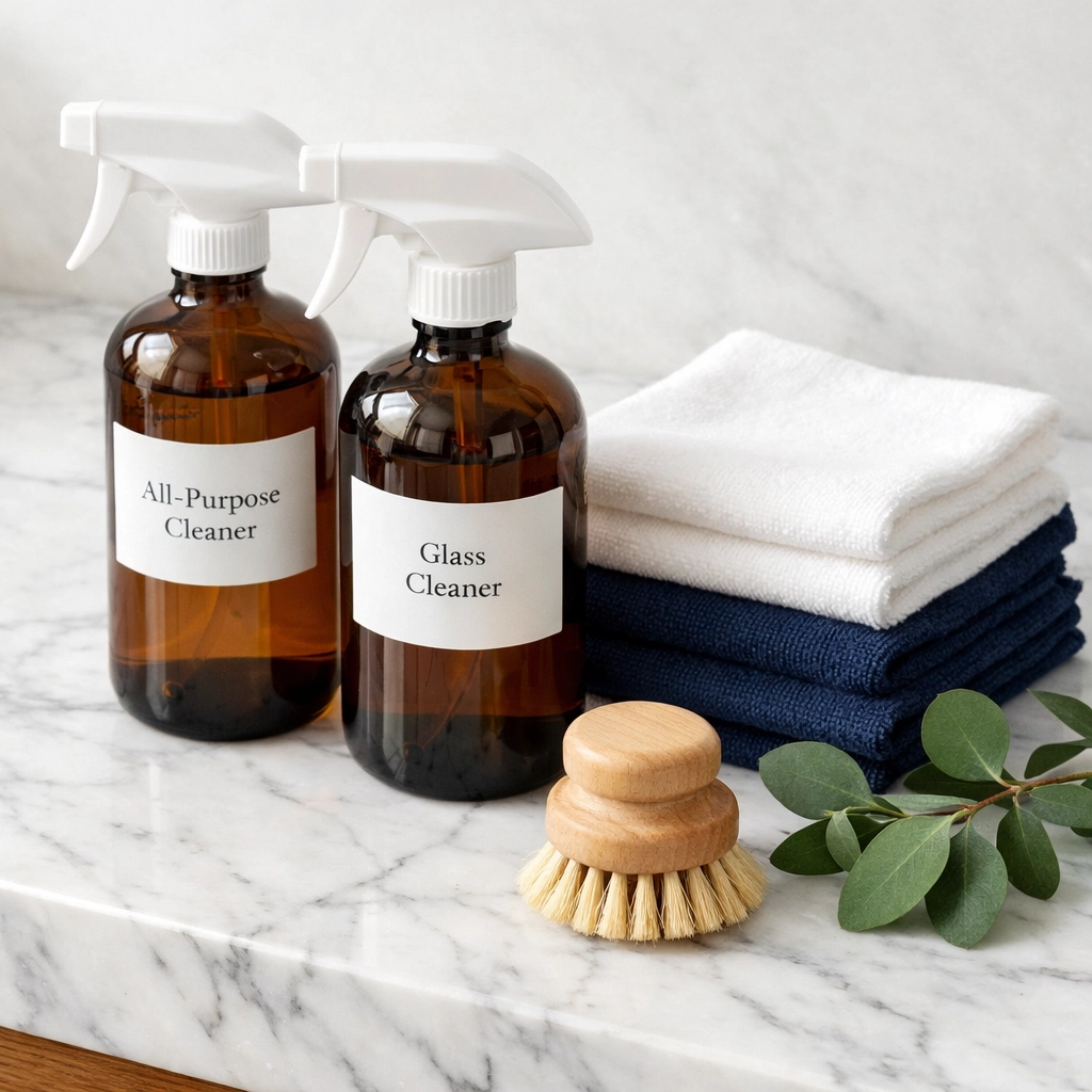Non-toxic eco-friendly residential cleaning Massachusetts supplies arranged on a white marble surface.