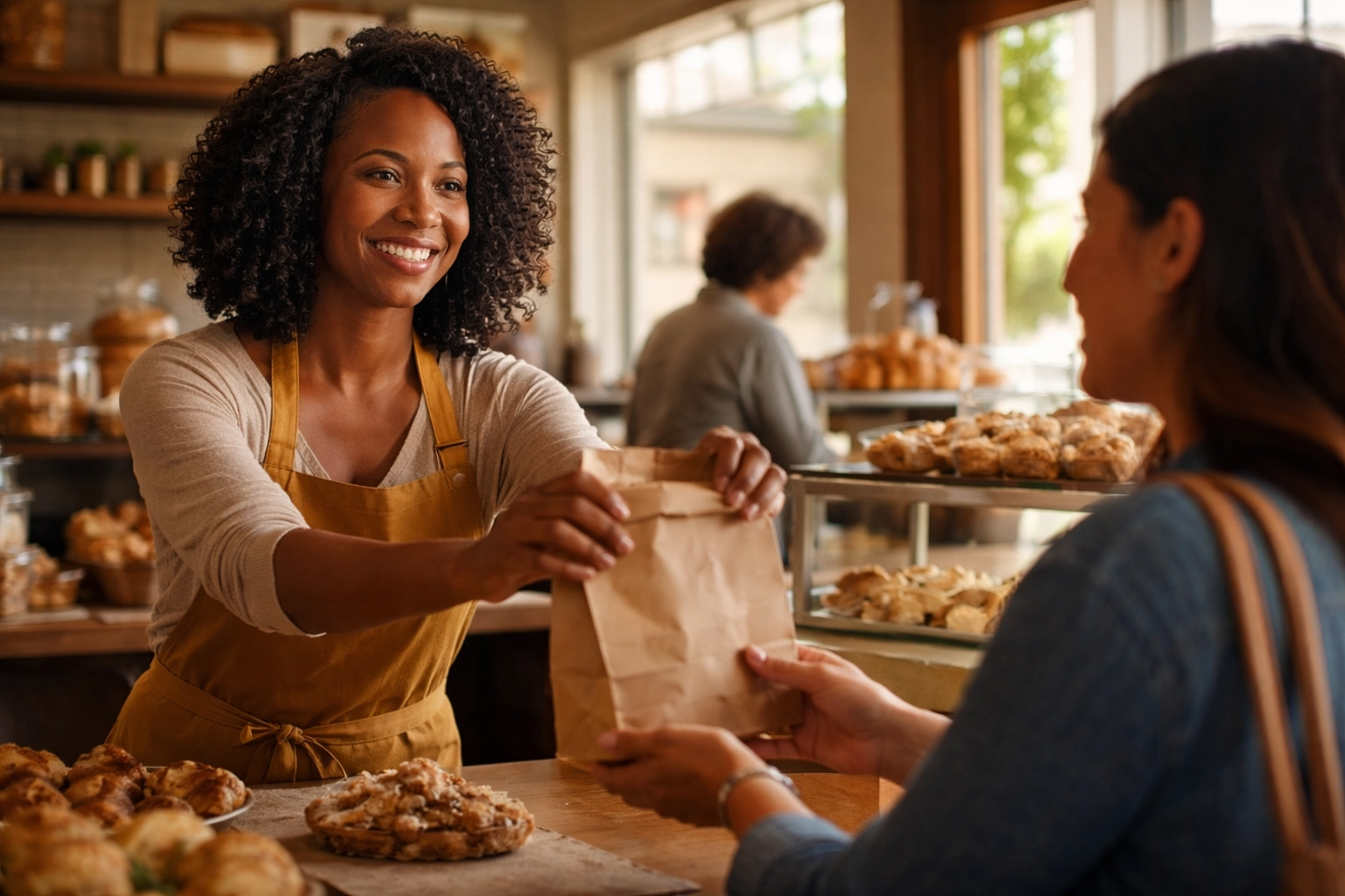 Local Black woman bakery owner serves a customer, illustrating the multiplier effect of local spending.