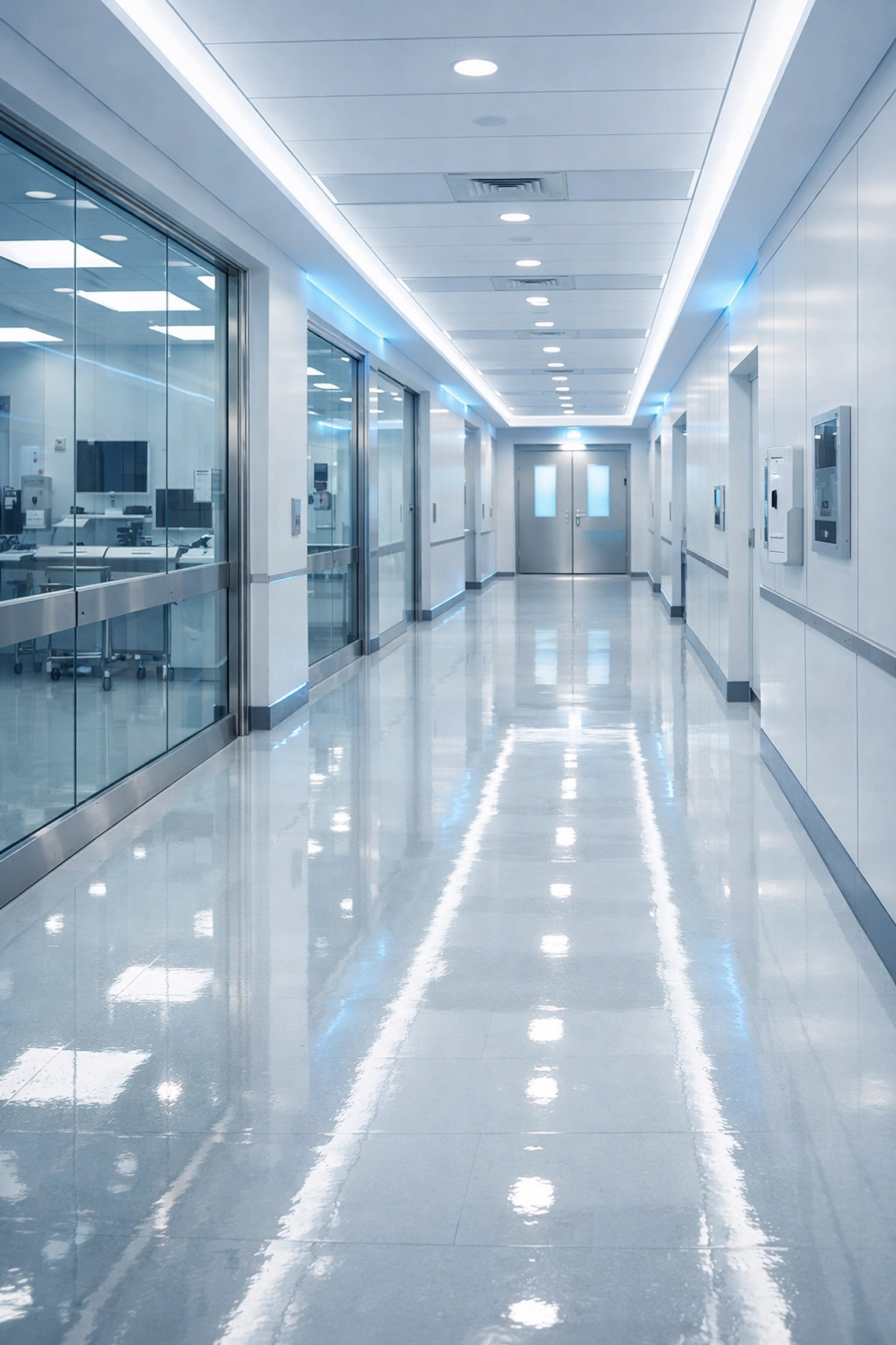 Clean and sterile medical facility hallway in Agawam showing professional commercial maintenance.