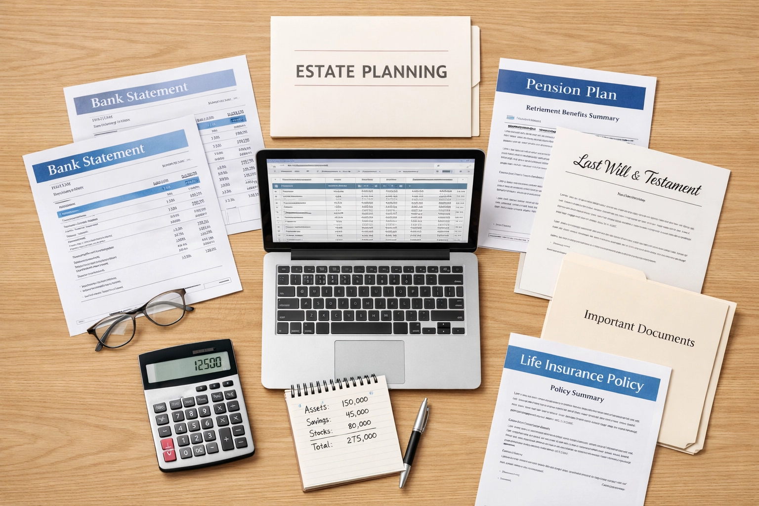 Estate valuation documents with calculator for UK probate application and inheritance tax