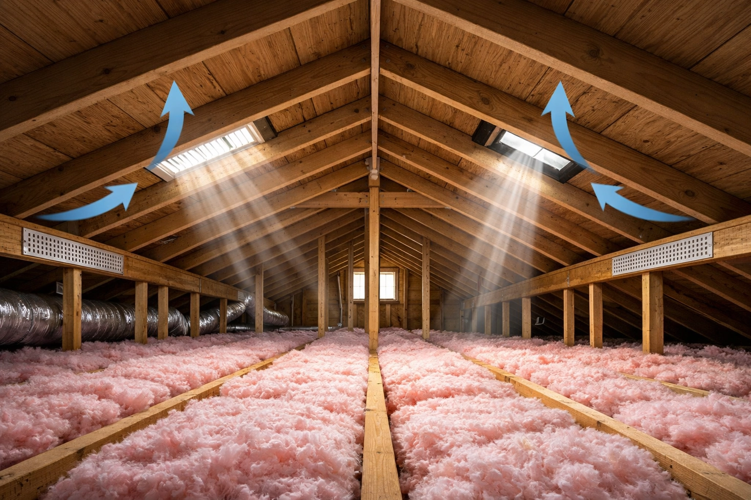 Properly ventilated attic with insulation and soffit vents in Edmonton home