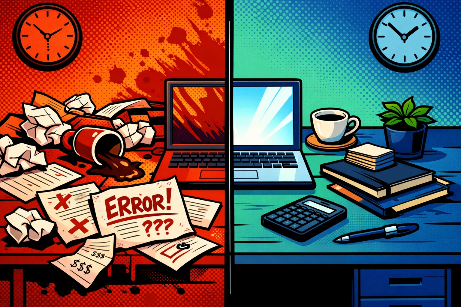 Before and after comparison showing chaotic desk versus organized workspace with automation