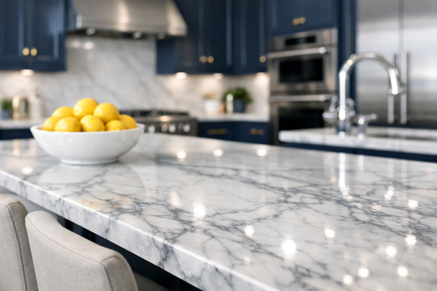 Luxury kitchen with sparkling marble counters deep cleaned by a professional house cleaning service in Wellesley MA.