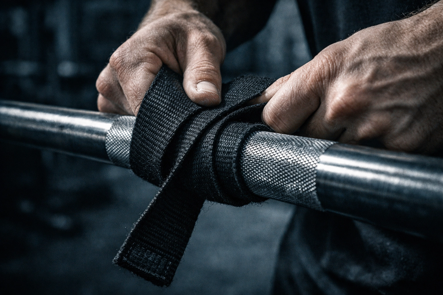 Hands securing a barbell strap for lifting, representing the disciplined execution of testosterone optimization.