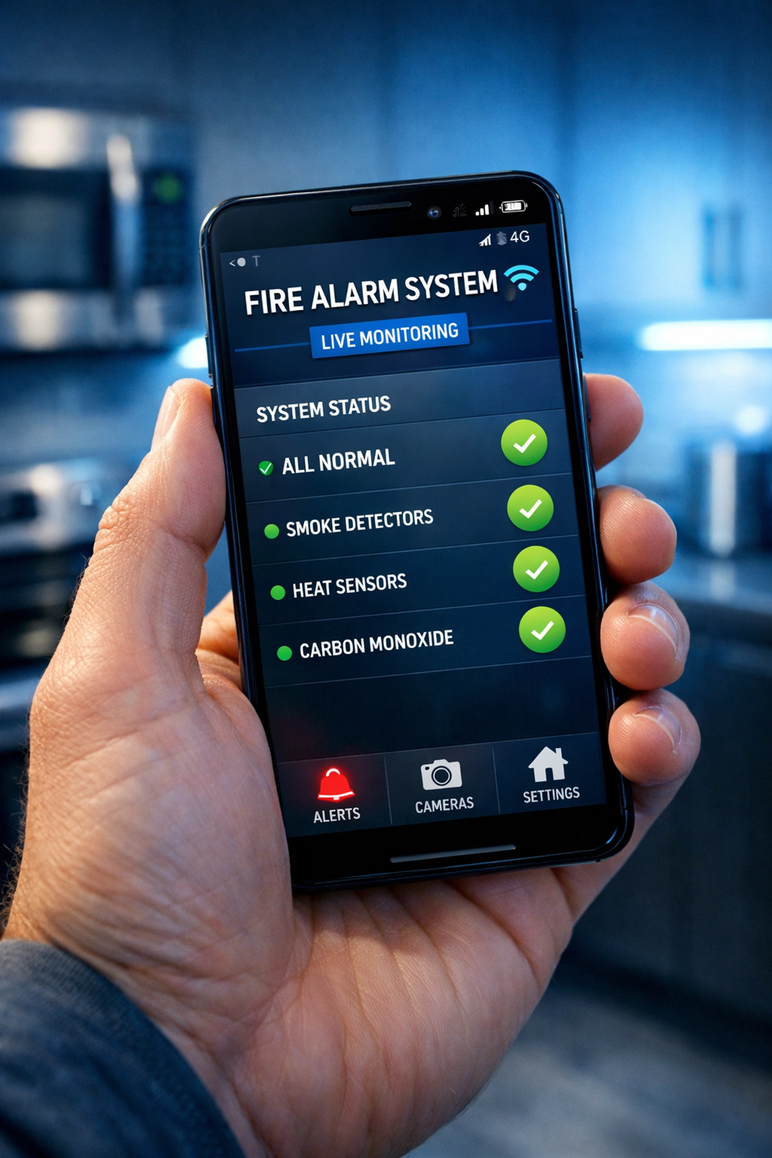 Landlord monitoring HMO fire alarm system status via smartphone app
