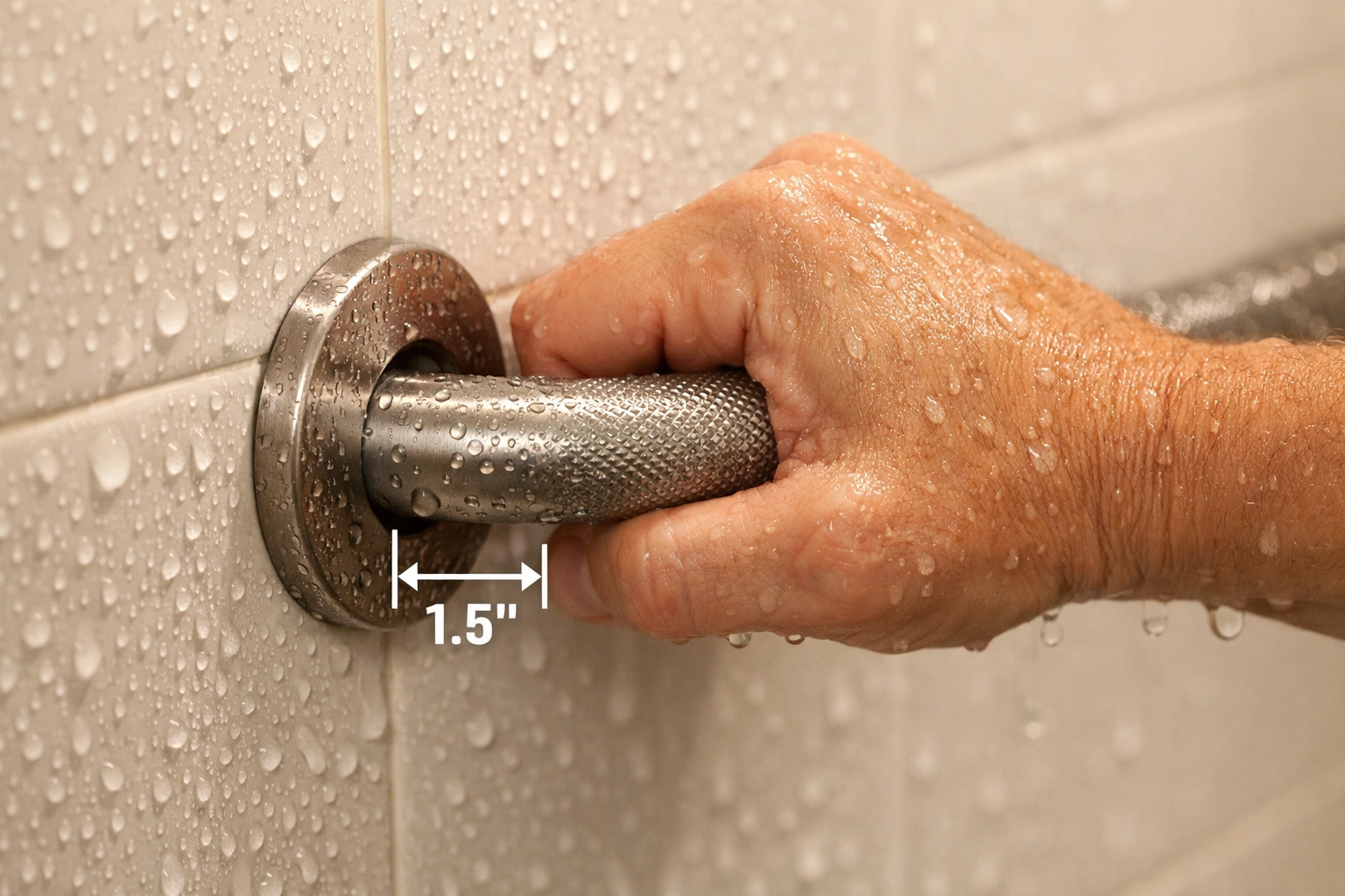 Proper grab bar installation showing correct wall clearance and mounting on tiled shower wall