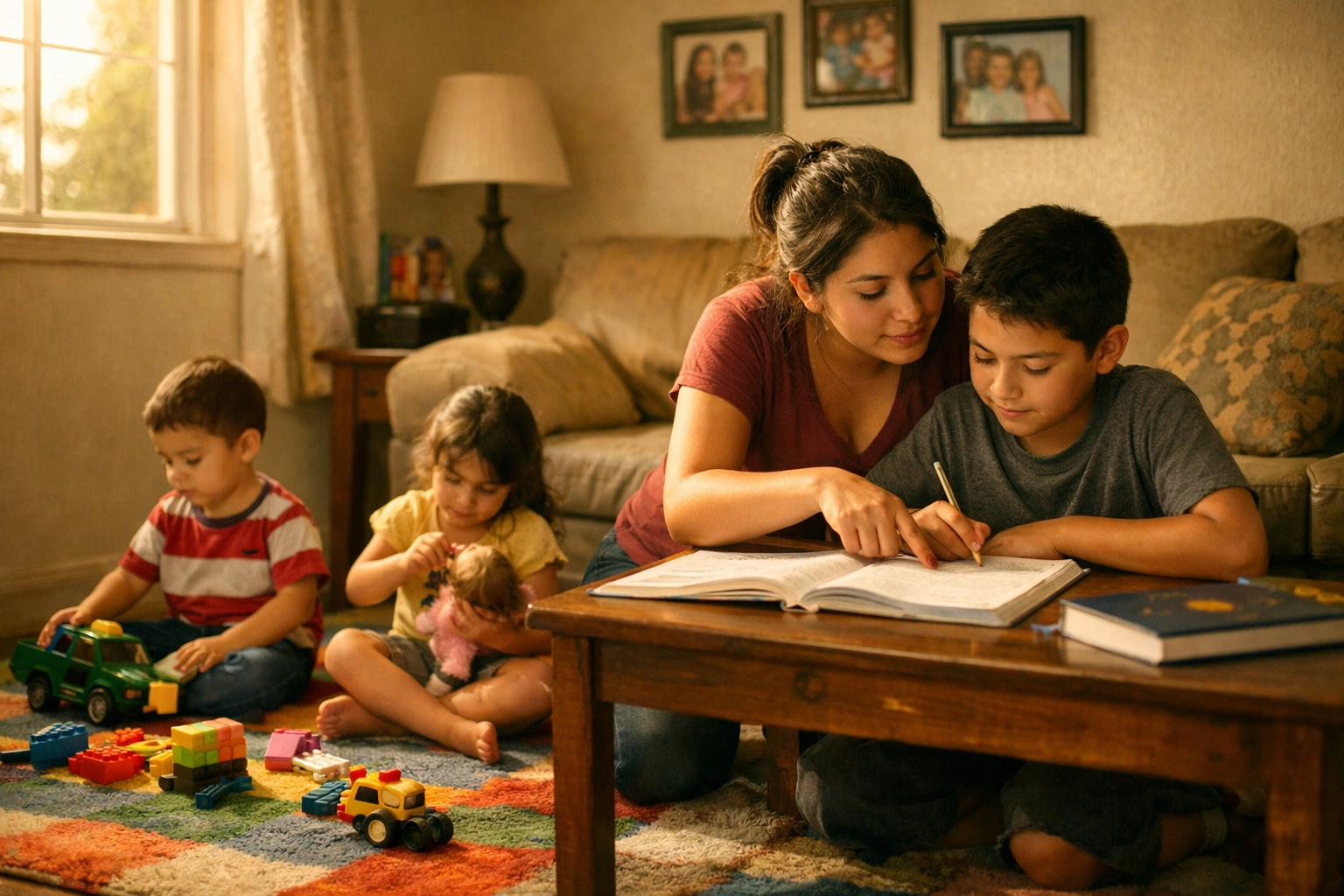 Mother helping children with homework while navigating housing assistance