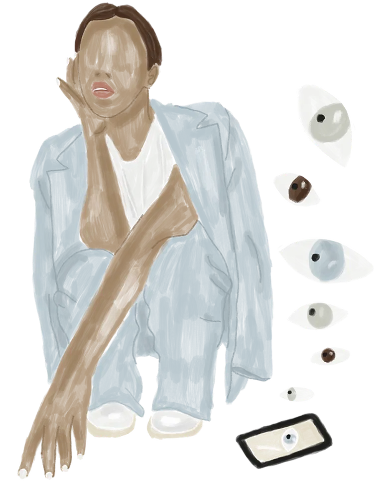 Digital illustration of a faceless person in a light blue suit, sitting thoughtfully with their head resting on one hand. To the right, there is a column of various floating eyes, symbolizing observation and introspection.