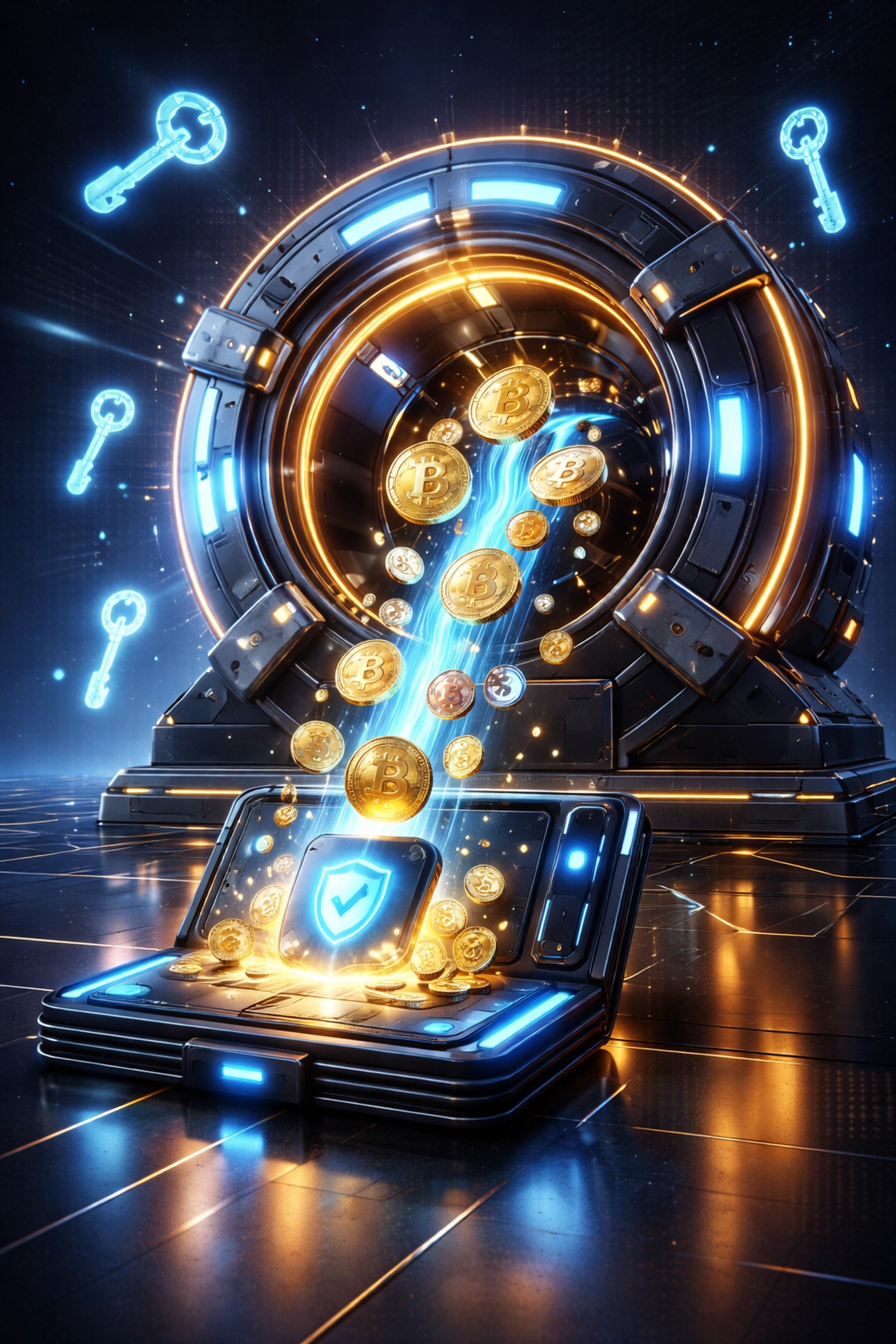 Futuristic vault with digital coins streaming into a secure wallet, symbolizing self-custody and merchant financial control using Web3 payments.