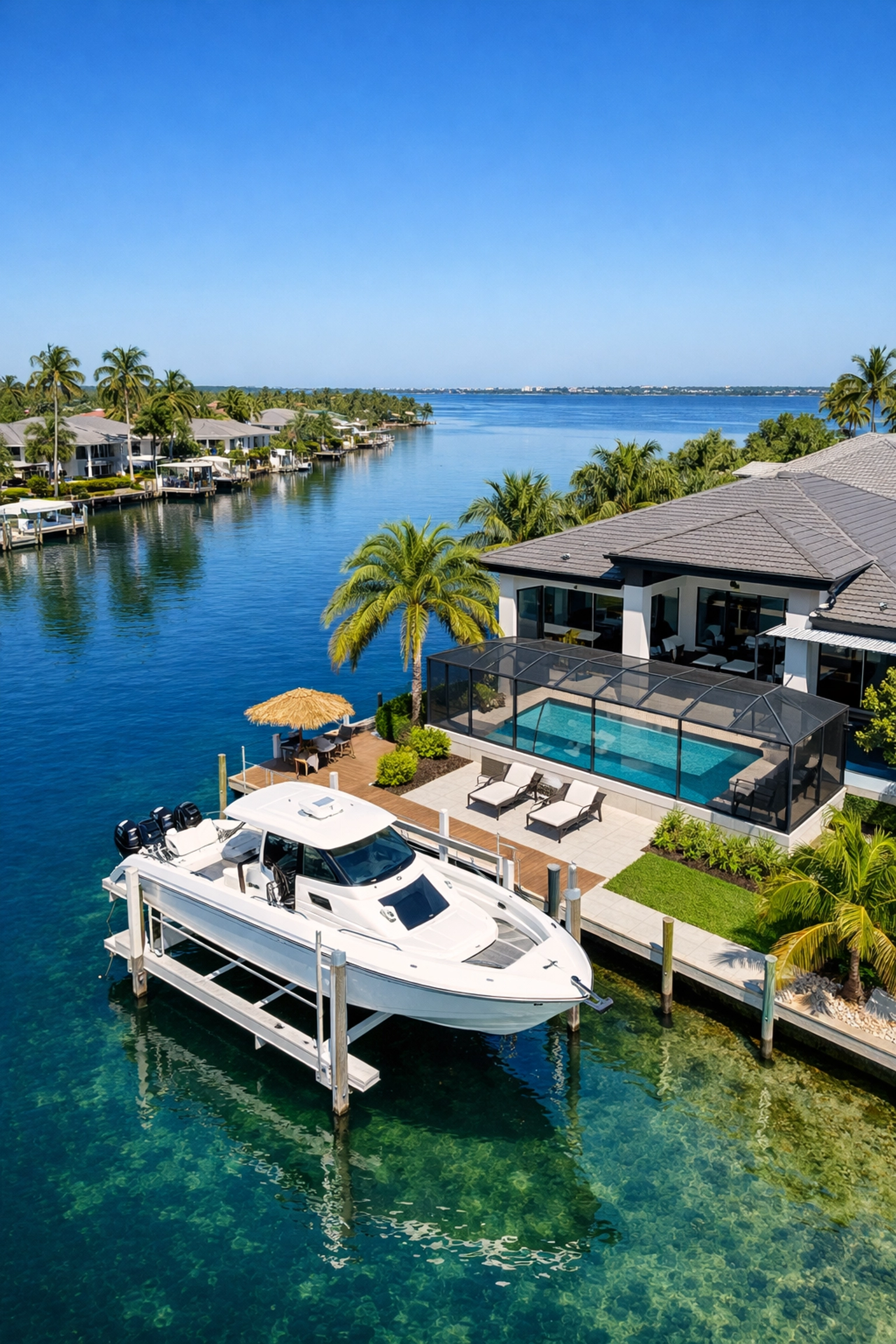 Aerial view of a Cape Coral home with a boat lift on a Gulf access canal leading to open water.