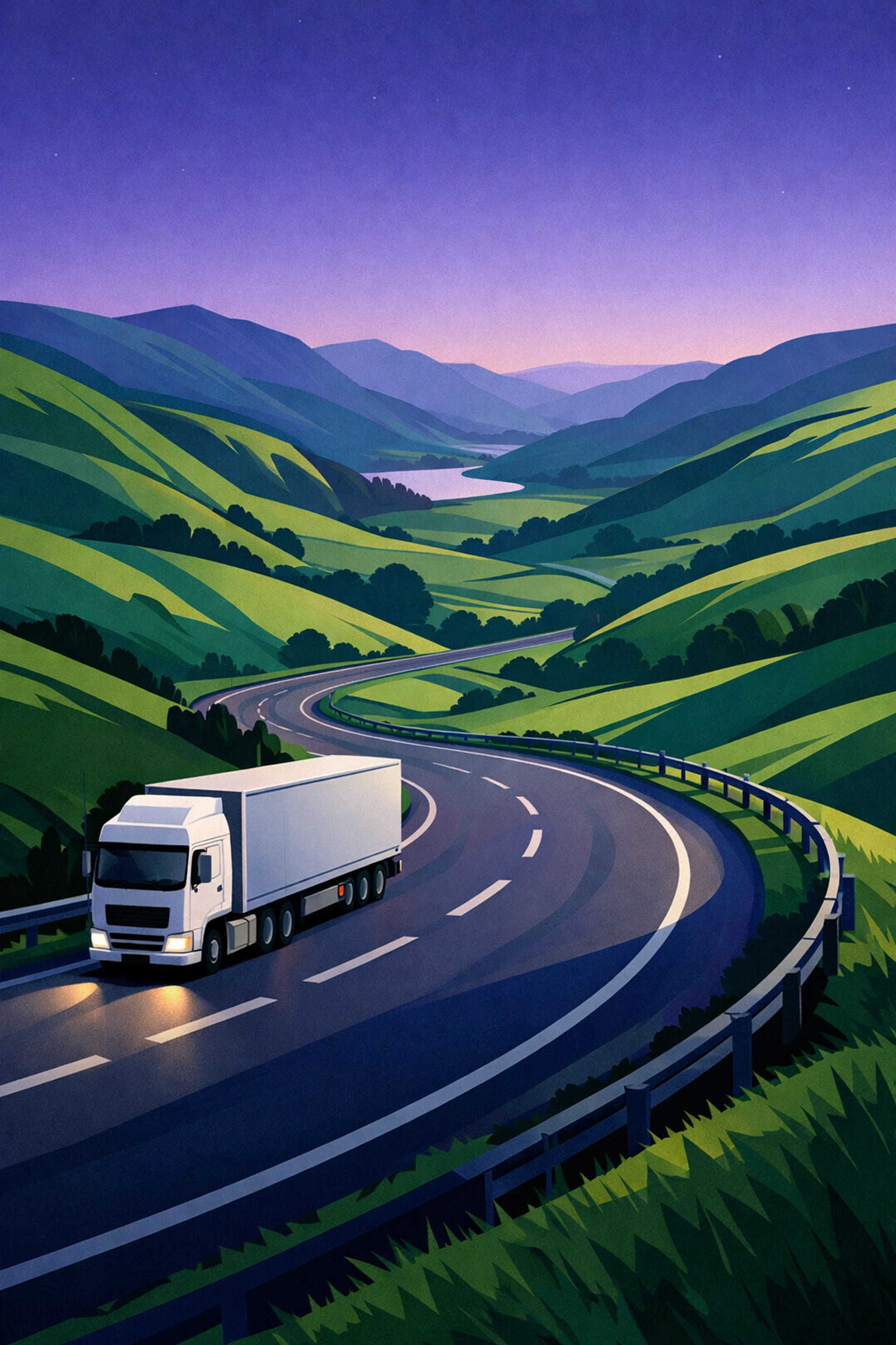 Illustration of an HGV on a scenic North West route through the Peak District and Cumbria.