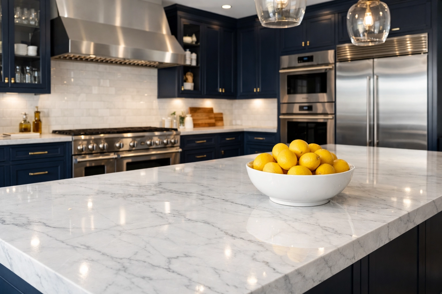 Sparkling modern gourmet kitchen in Carlisle with polished marble countertops and sanitized surfaces.