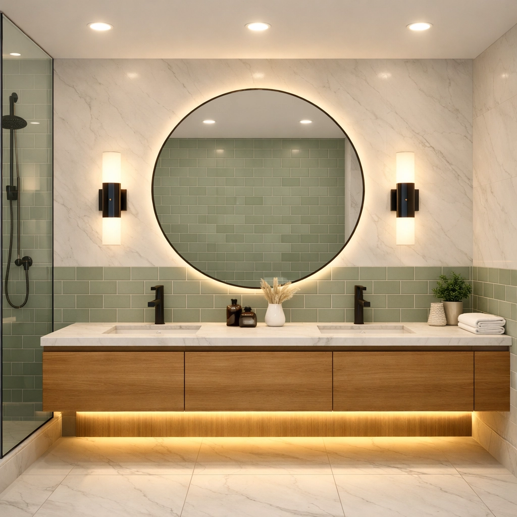 Example of effective layered bathroom lighting in a modern Philadelphia home renovation.
