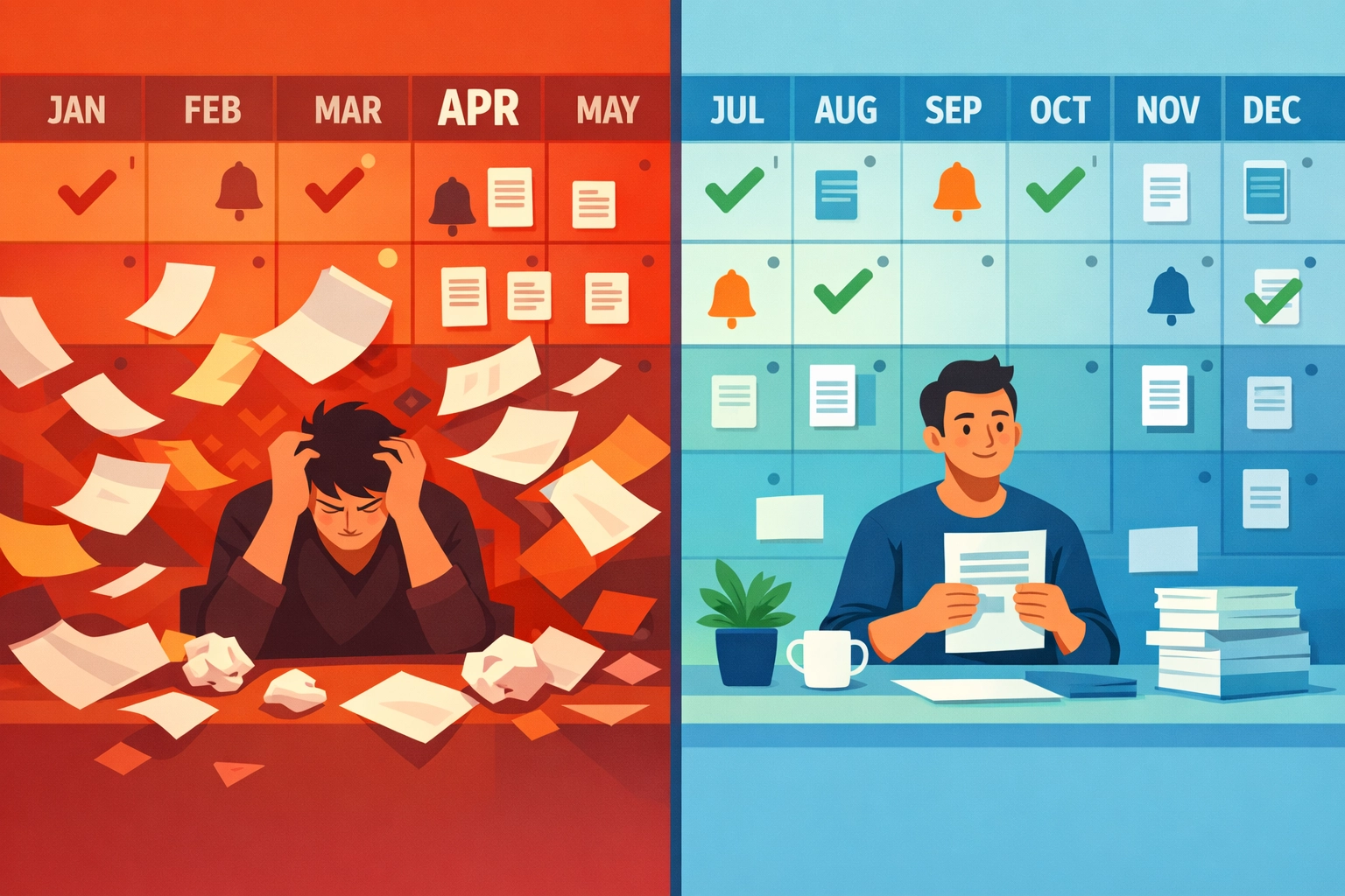 Year-round tax planning calendar showing organized quarterly compliance vs April scramble