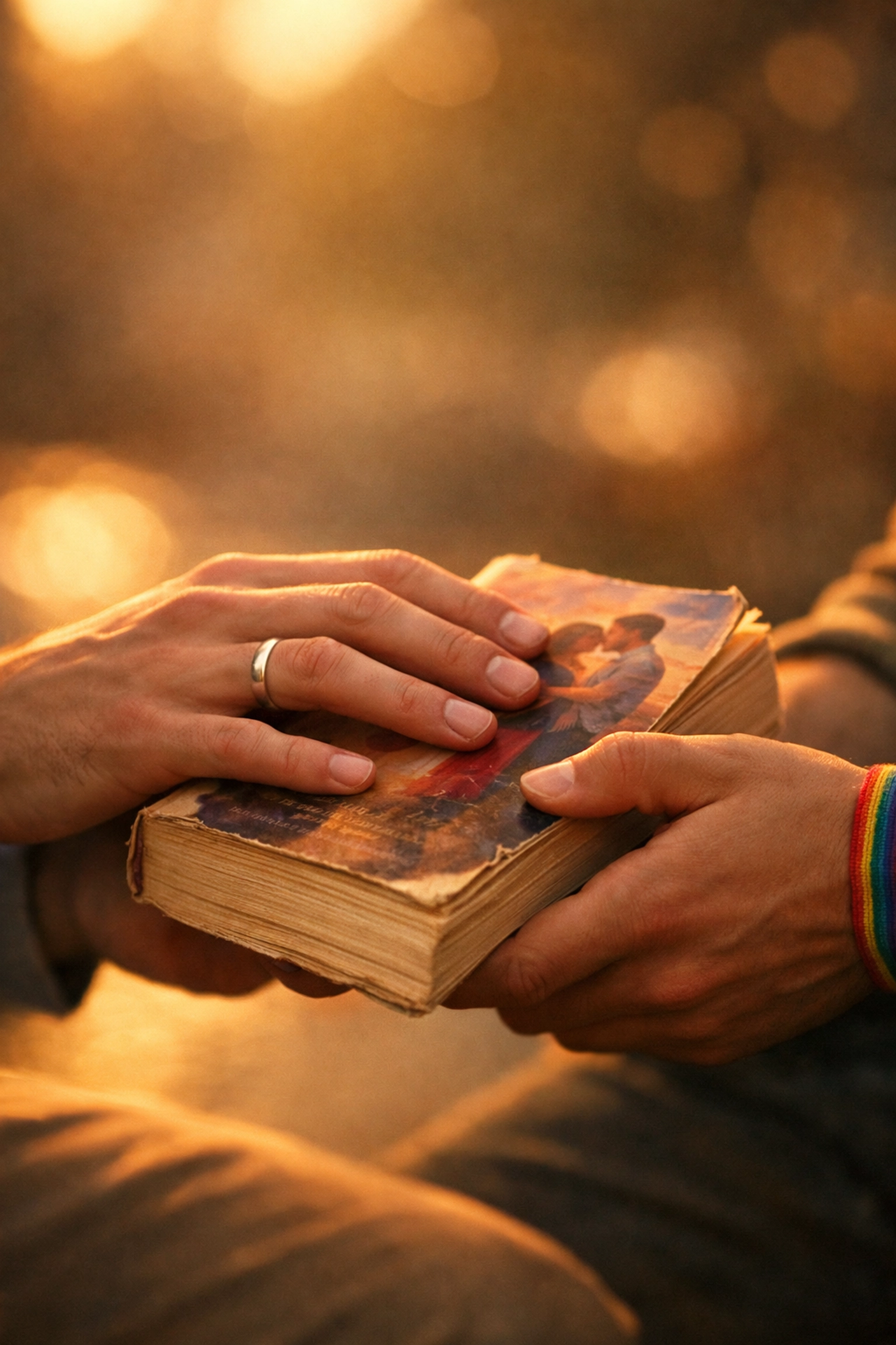 Two men connecting over shared gay romance novel representing new love