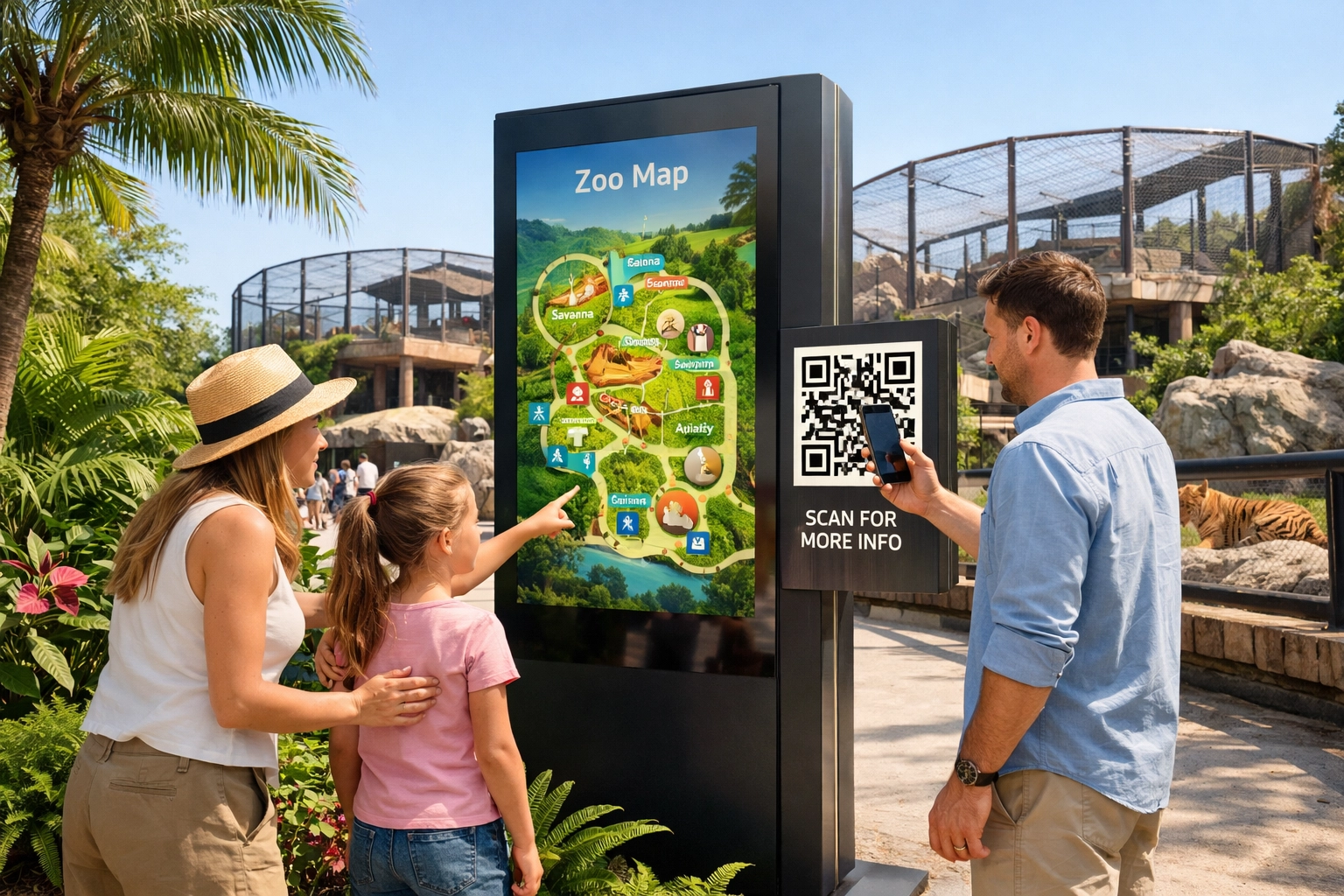 Family using an interactive wayfinding kiosk and digital signage for easy navigation at a smart zoo.