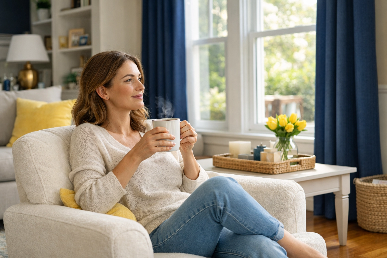 Relaxed homeowner in a pristine living room after professional house cleaning Worcester MA.