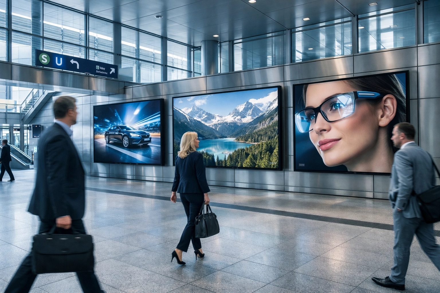 Professional commuters walking past large digital out-of-home screens in a modern Munich transit hub.