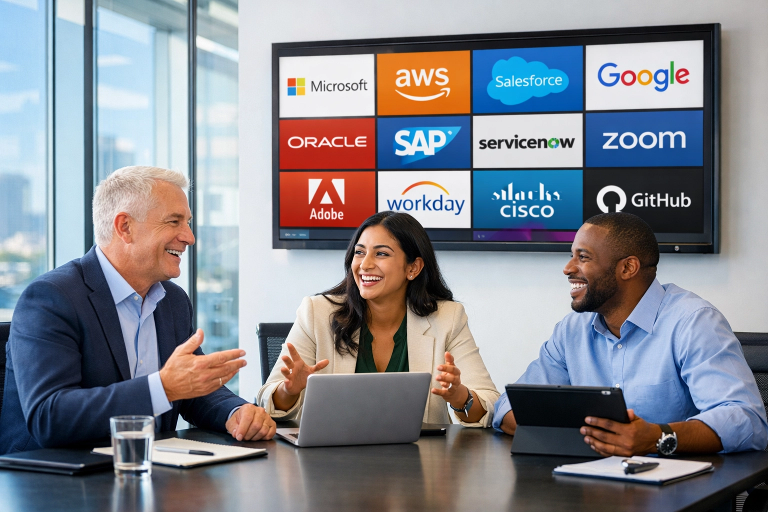 Business team evaluating product agnostic IT solutions and vendor options