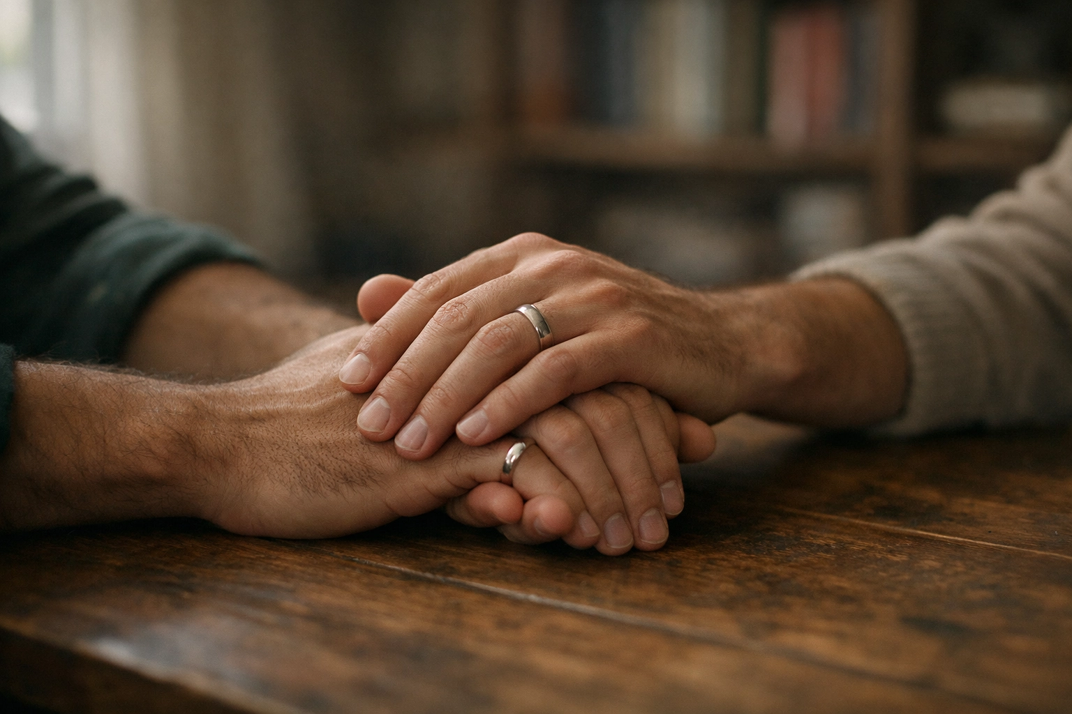 Two men's hands clasped with wedding bands - gay marriage partnership and emotional connection