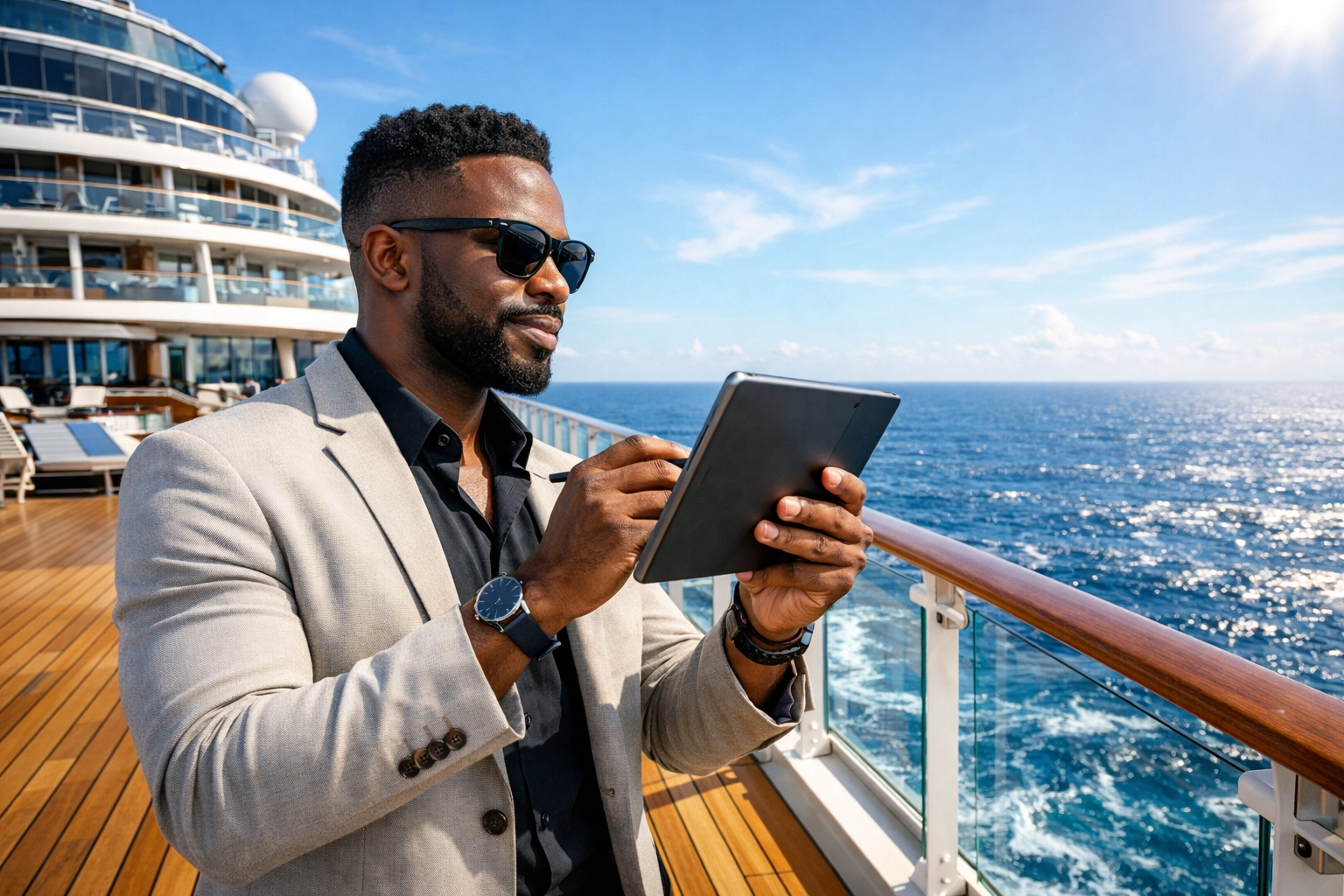 A professional cruise travel agent on a ship deck researching exclusive excursions to avoid planning mistakes.