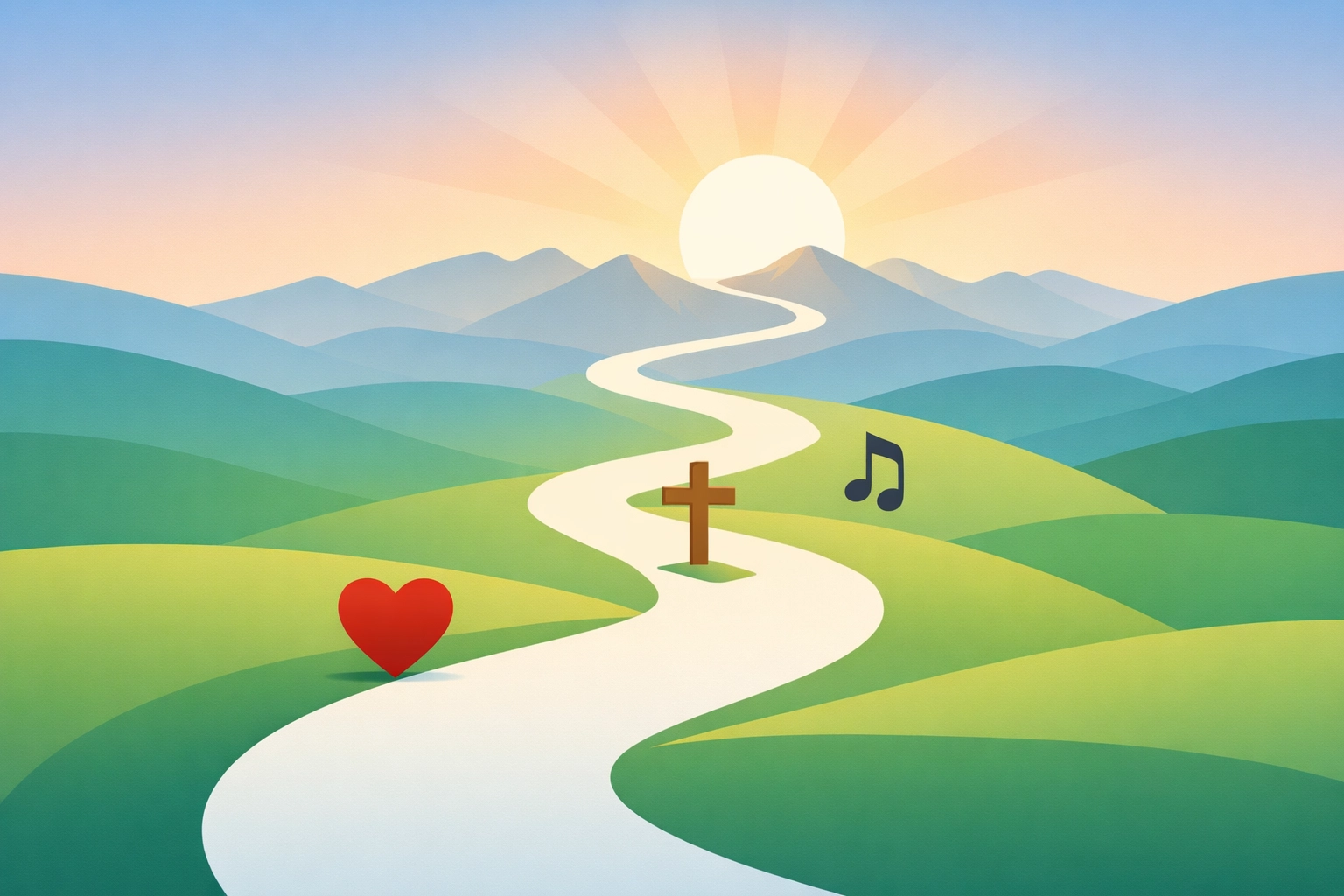 Minimalist full-bleed illustration of a winding path symbolizing spiritual journey and worship playlist flow, no text