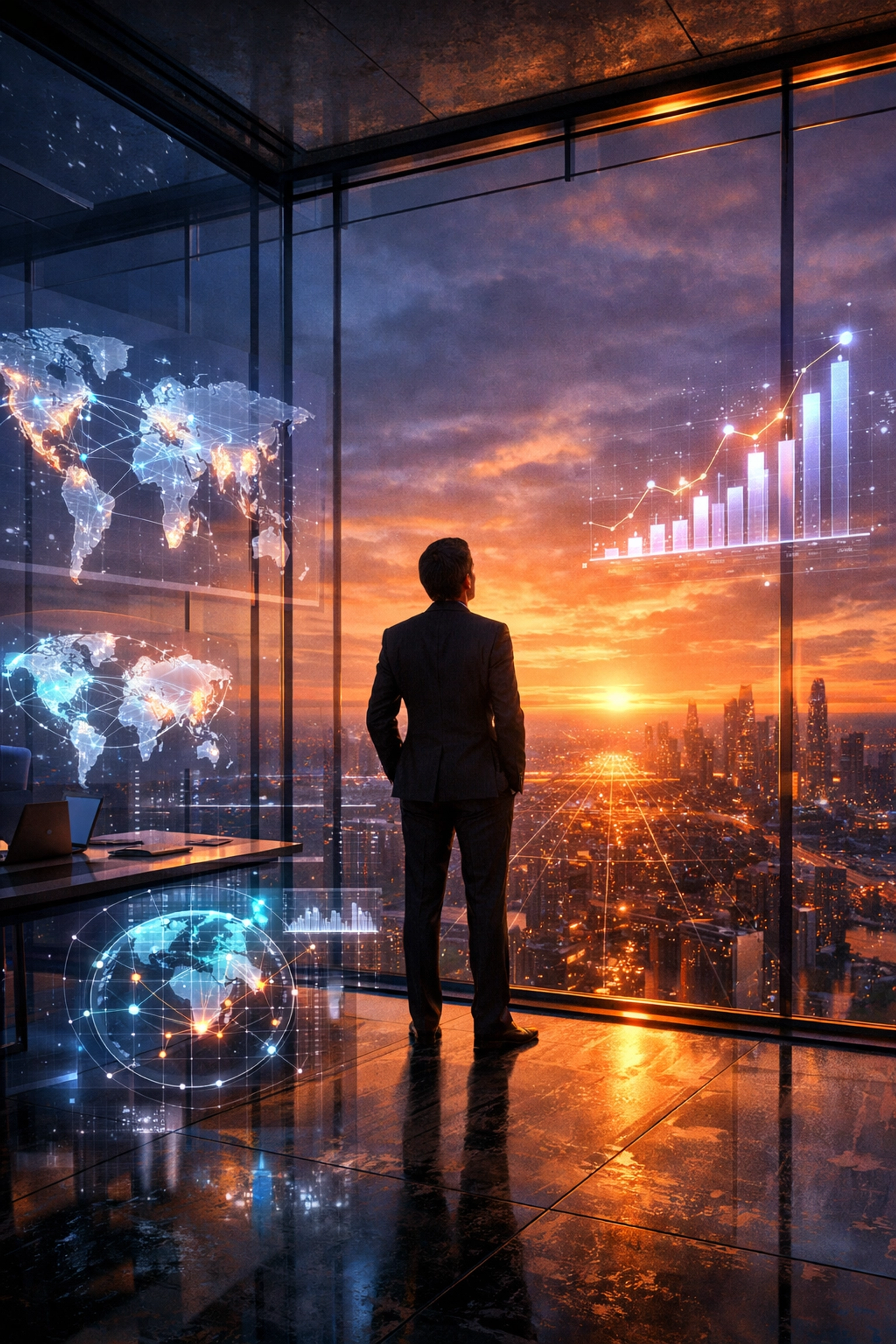 Merchant overlooking a digital city with holographic data, symbolizing freedom and independent crypto commerce.