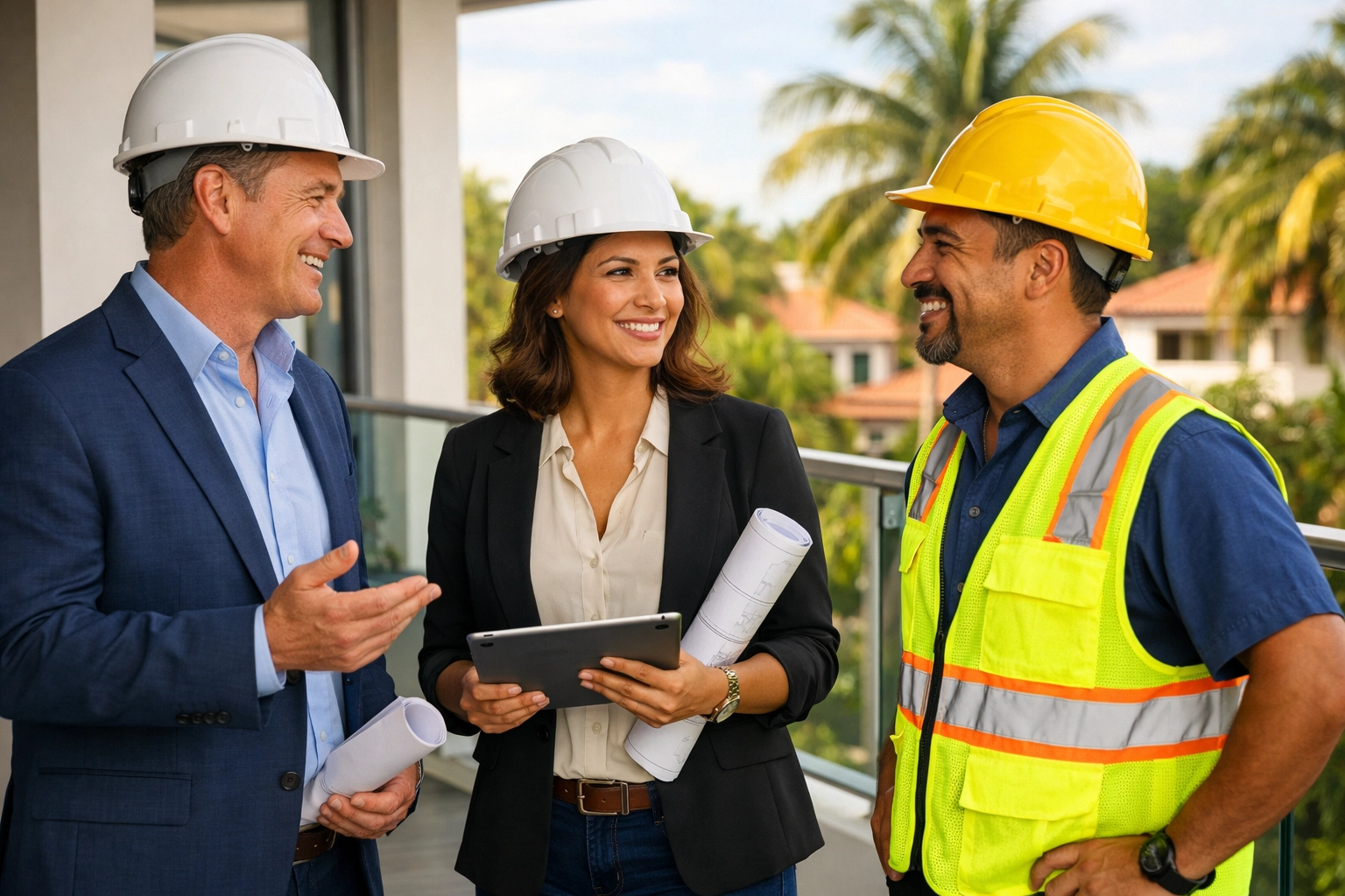 Professional design-build contractor team discussing a project at a South Florida construction site.