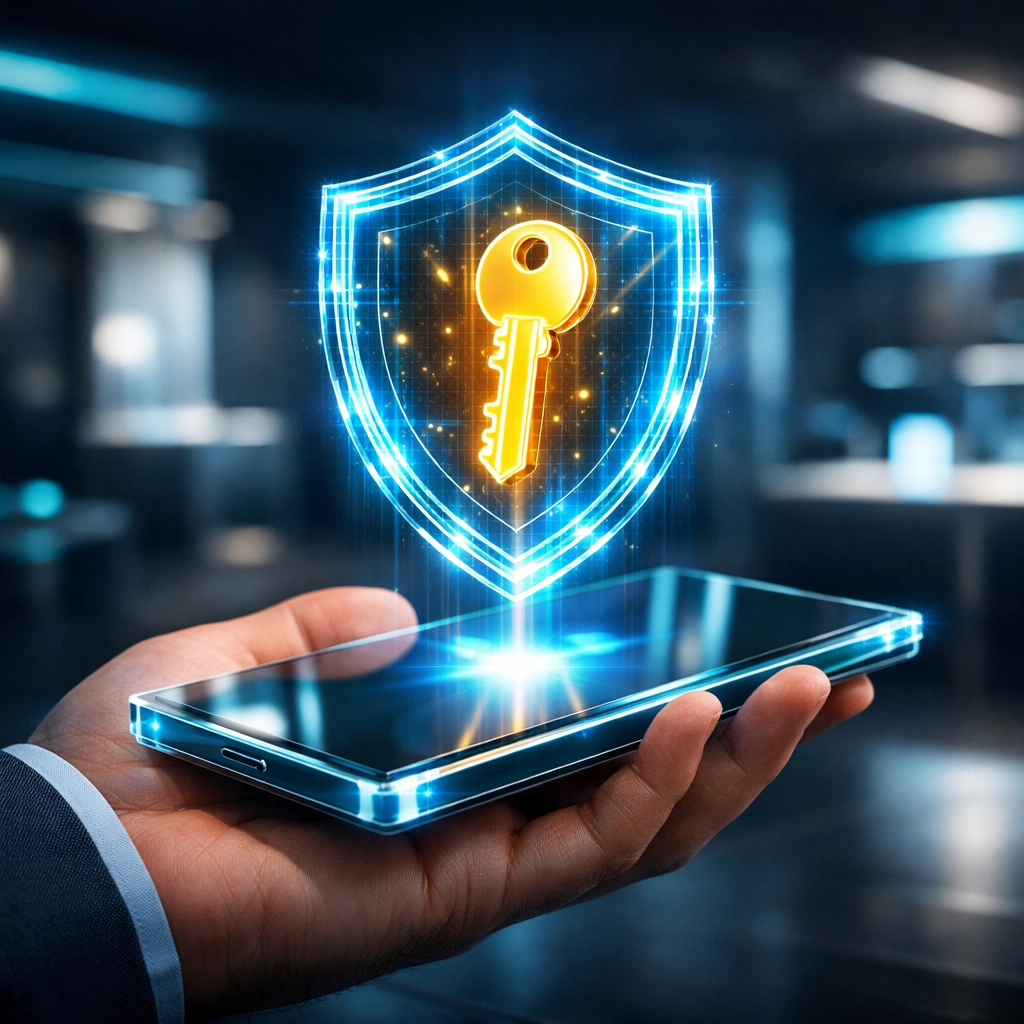 Merchant holding a secure digital key inside a holographic shield for self-custody crypto payments.