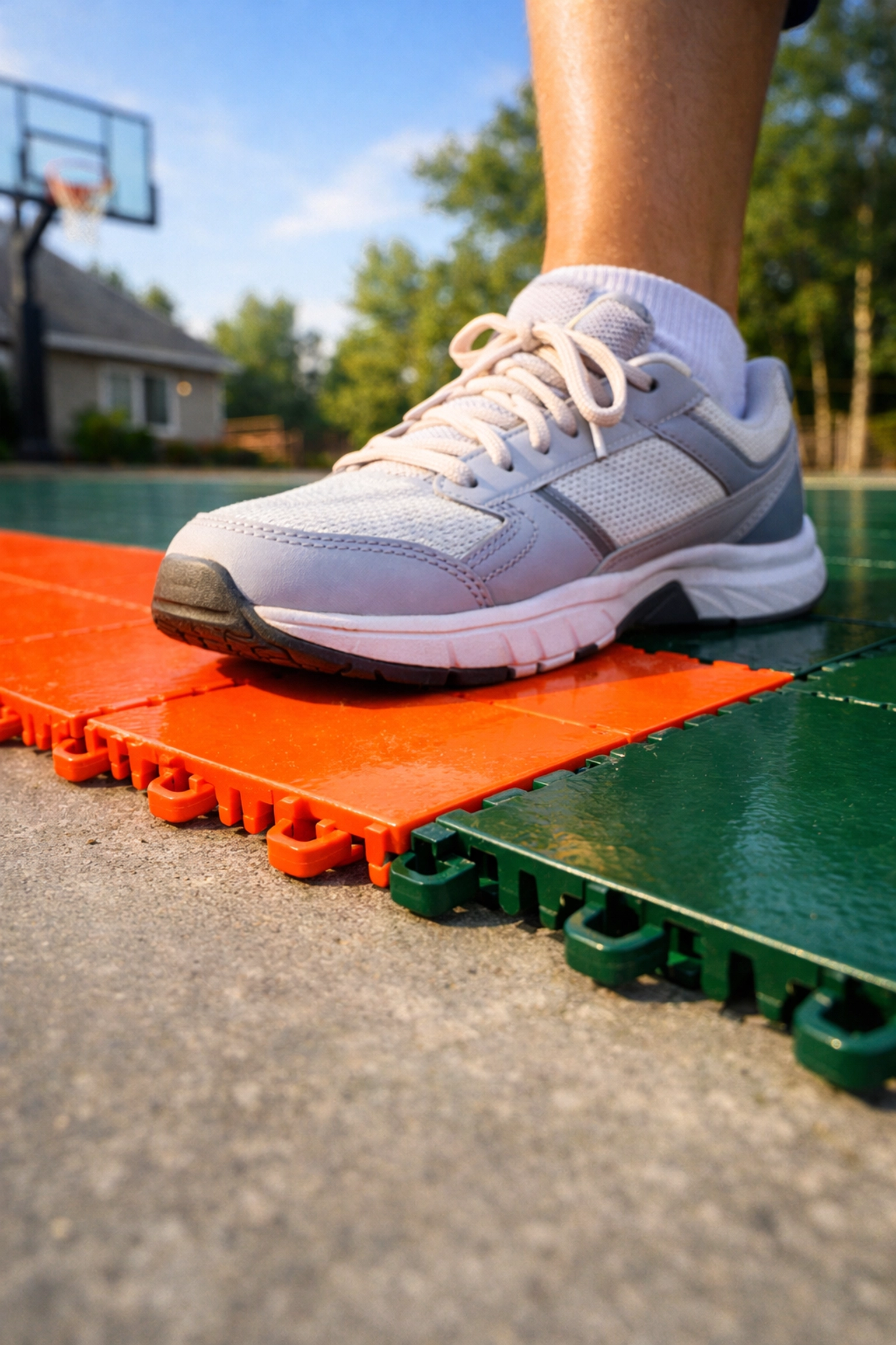 Step-by-step DIY installation of interlocking sports tiles for a home pickleball court.
