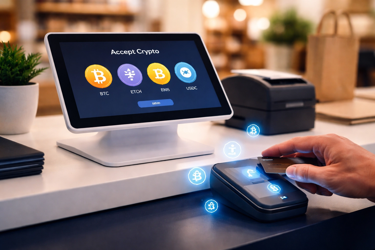 POS system at a small business checkout accepting cryptocurrency payments, crypto POS for merchants