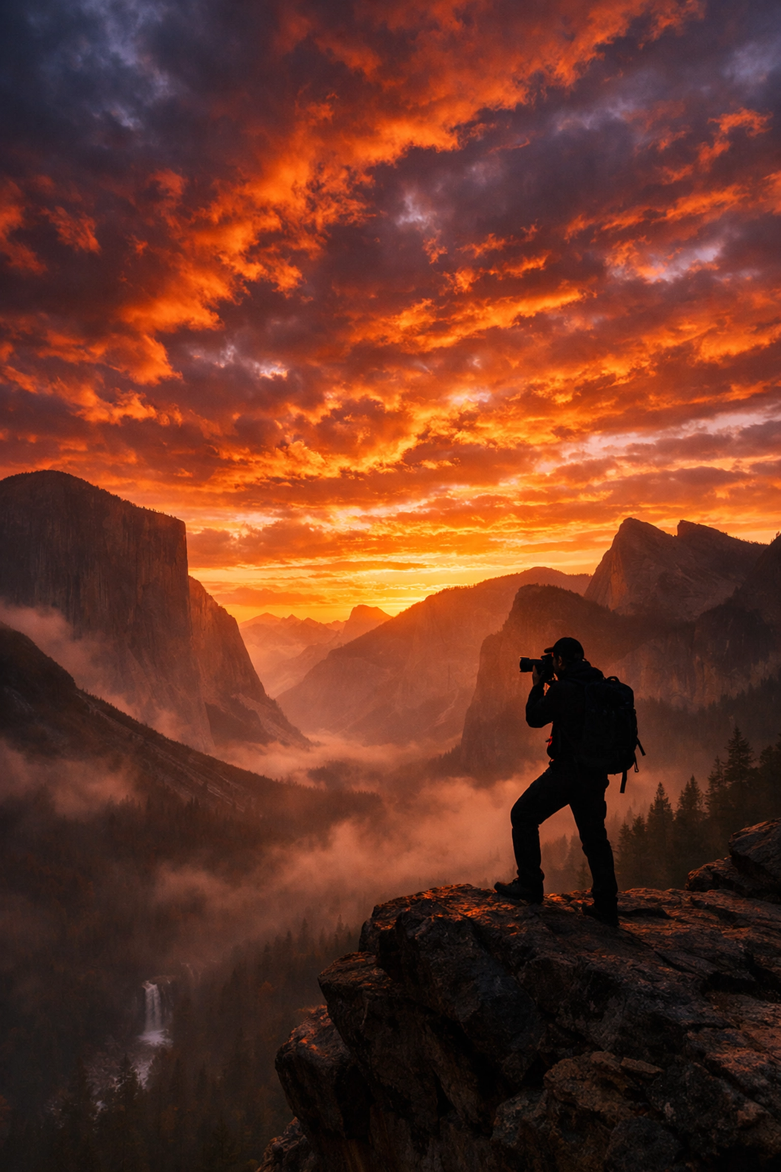 Silhouetted photographer overlooking a misty valley at sunset, exploring the best photography locations.