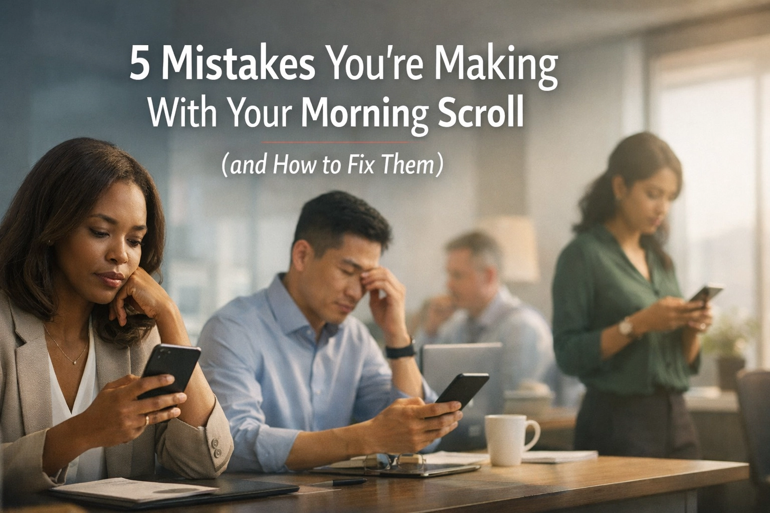 [HERO] 5 Mistakes You’re Making With Your Morning Scroll (and How to Fix Them) — person in bed reaching for phone at sunrise, illustrating the habit that can fuel anxiety and disrupt a calm morning routine.