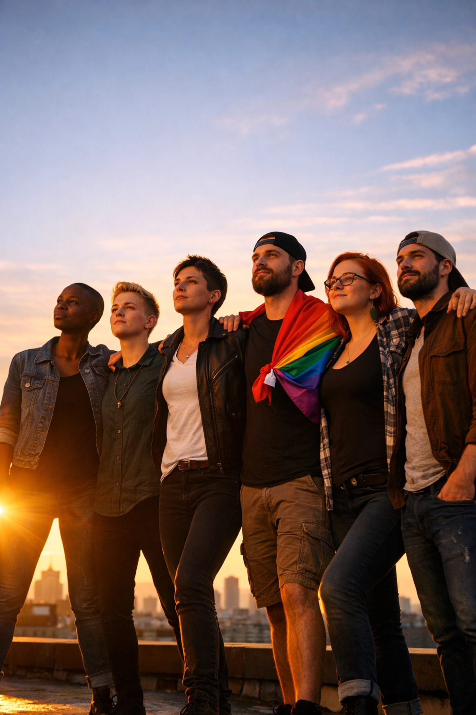 Diverse LGBTQ+ creators standing together at sunrise, representing a new movement in queer publishing.