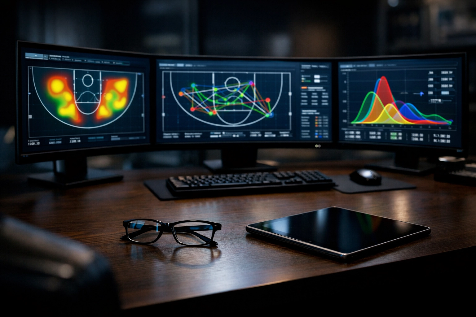 Professional sports betting analytics dashboard displaying NBA game heat maps and probability predictions.