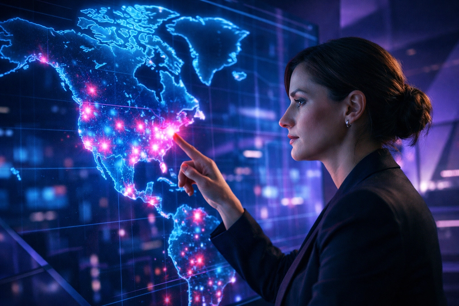 Creative Director viewing a digital map of national EsportsPod locations with engagement heatmaps.