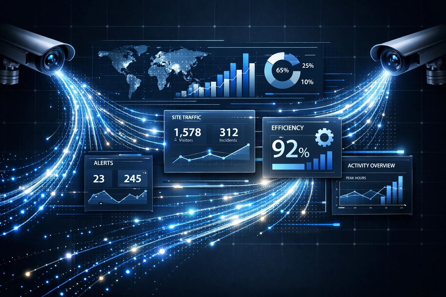 Security system data analytics dashboard showing operational metrics and ROI tracking