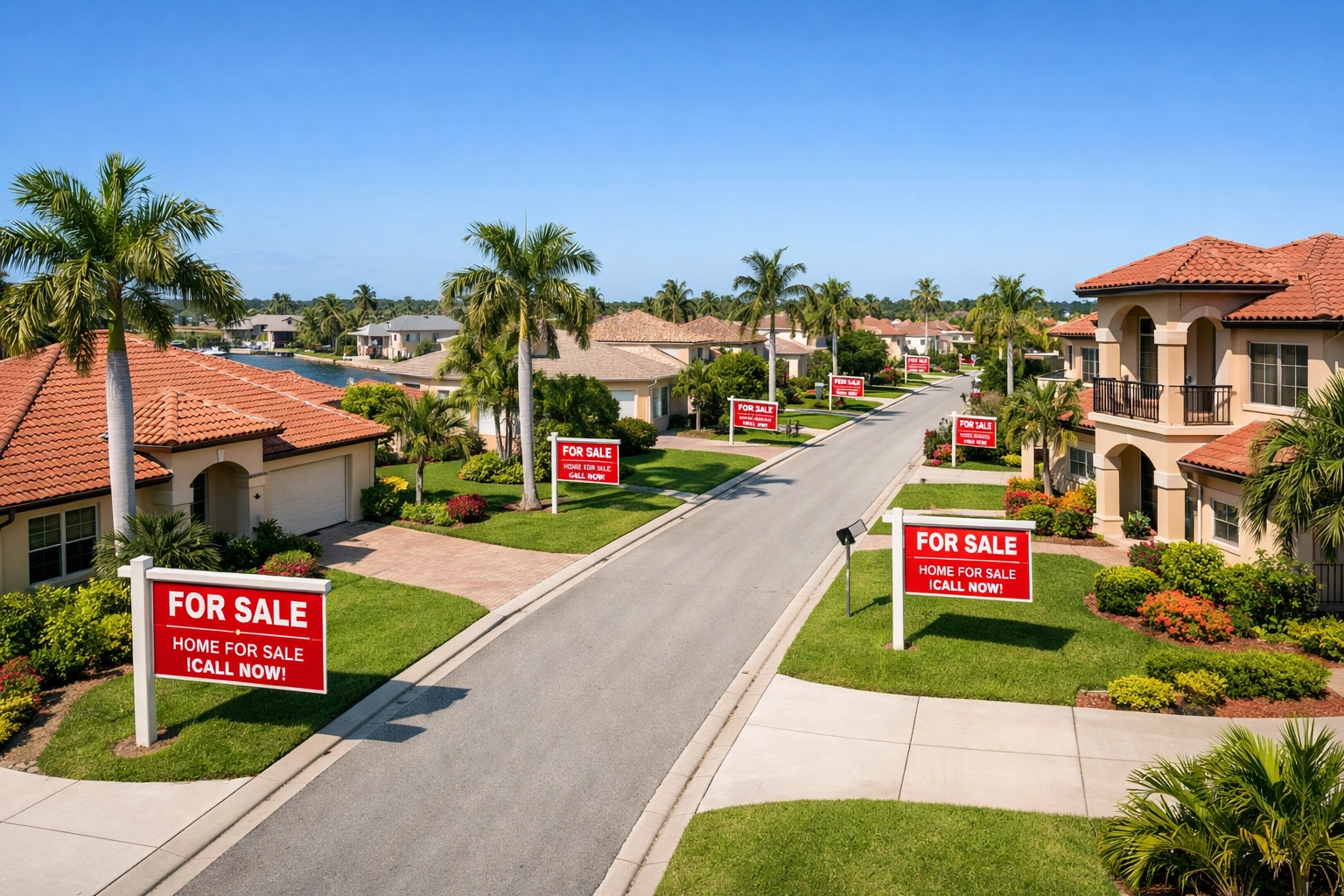 Cape Coral real estate market street view with multiple homes for sale signs under a blue sky.