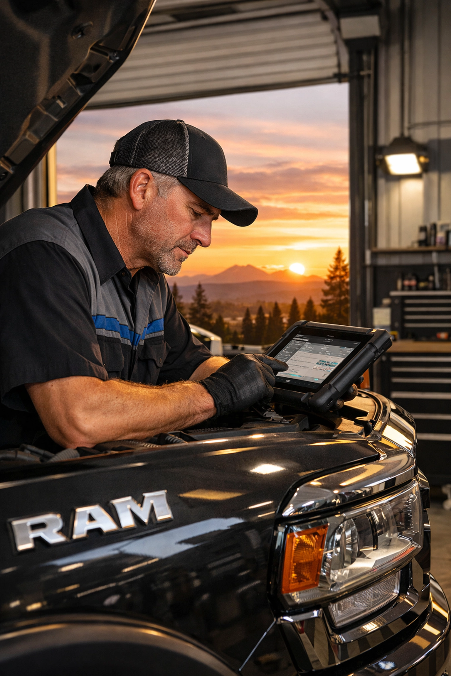 Experienced diesel mechanic performing a diagnostic inspection on a RAM truck at a shop in Bend.