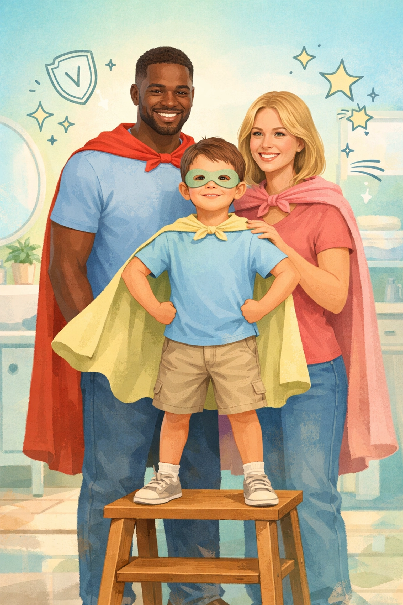 A diverse, heroic mom and dad standing together with their young son, all wearing capes, looking confidently at a "Mission Control" board in their bathroom.
