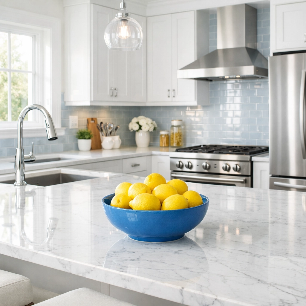 Sparkling clean kitchen in Leominster MA featuring polished countertops from a residential cleaning service.