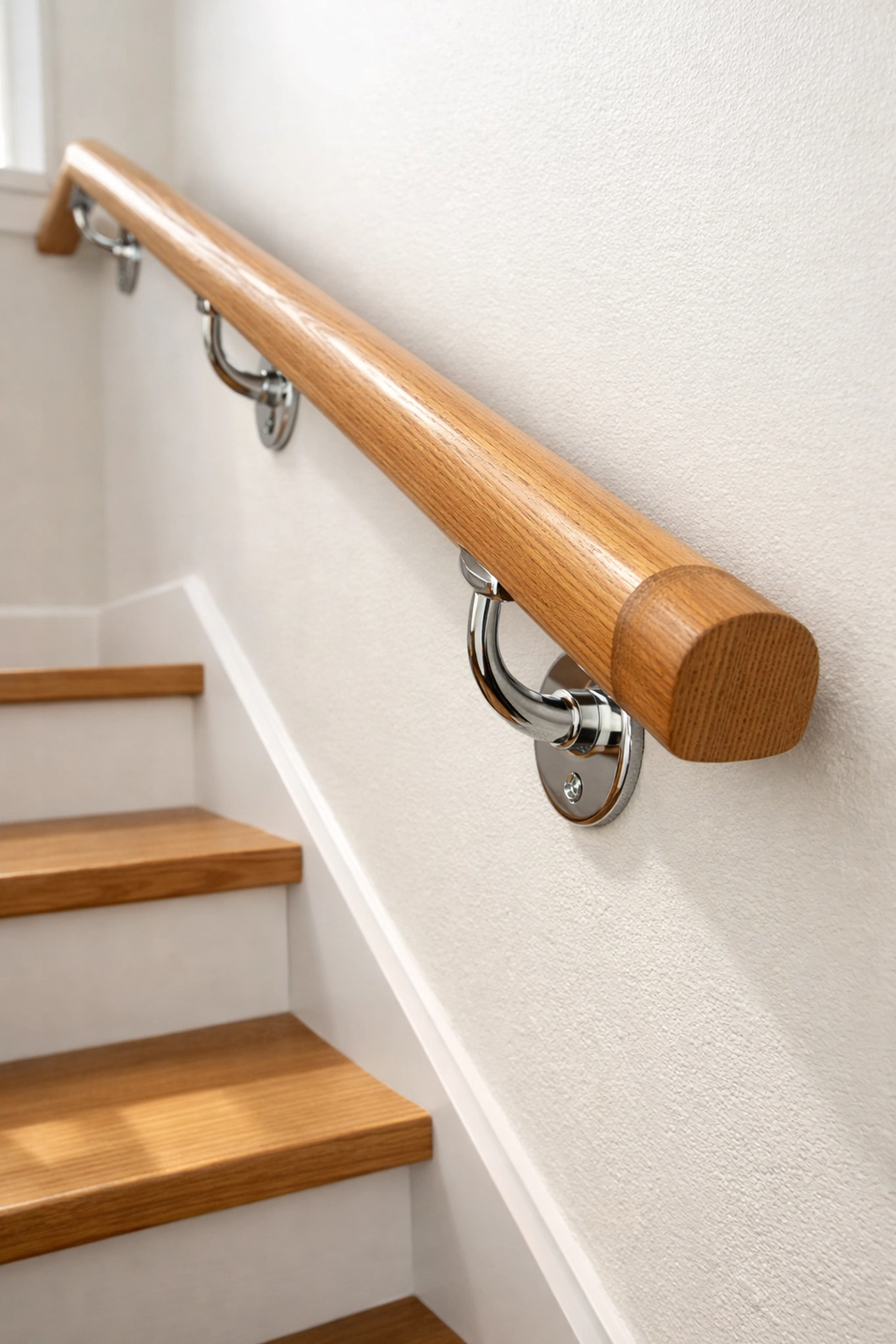 Properly installed wooden handrail extending beyond top of staircase for safety