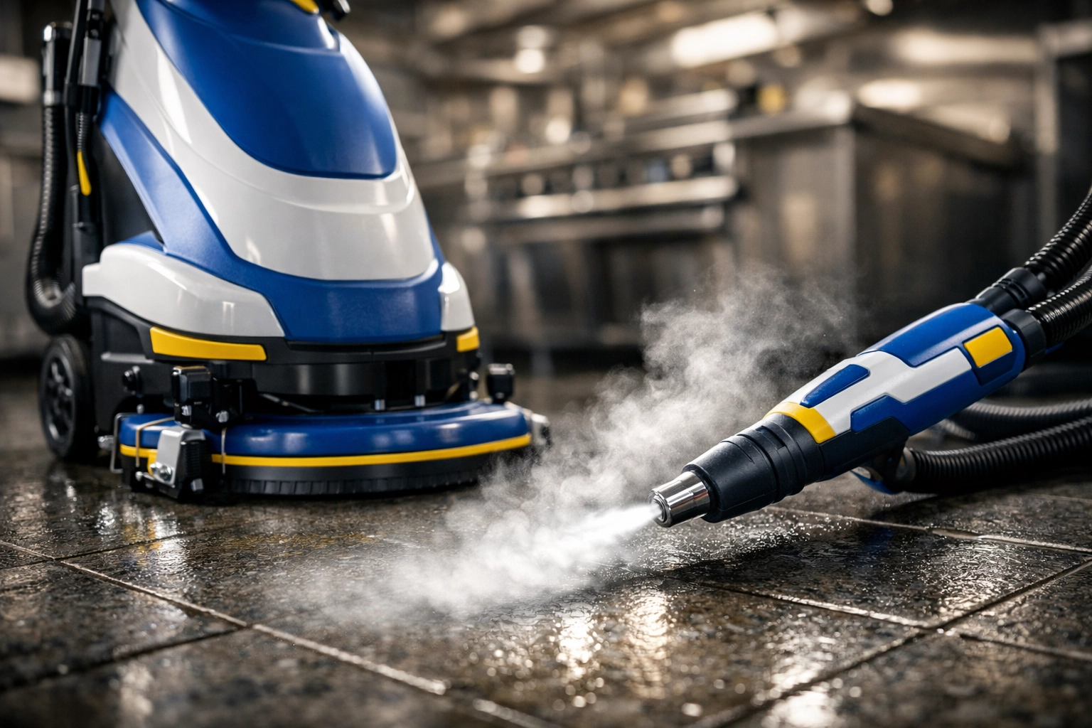 Professional grade floor scrubber and steam cleaning equipment for Quincy commercial kitchens.