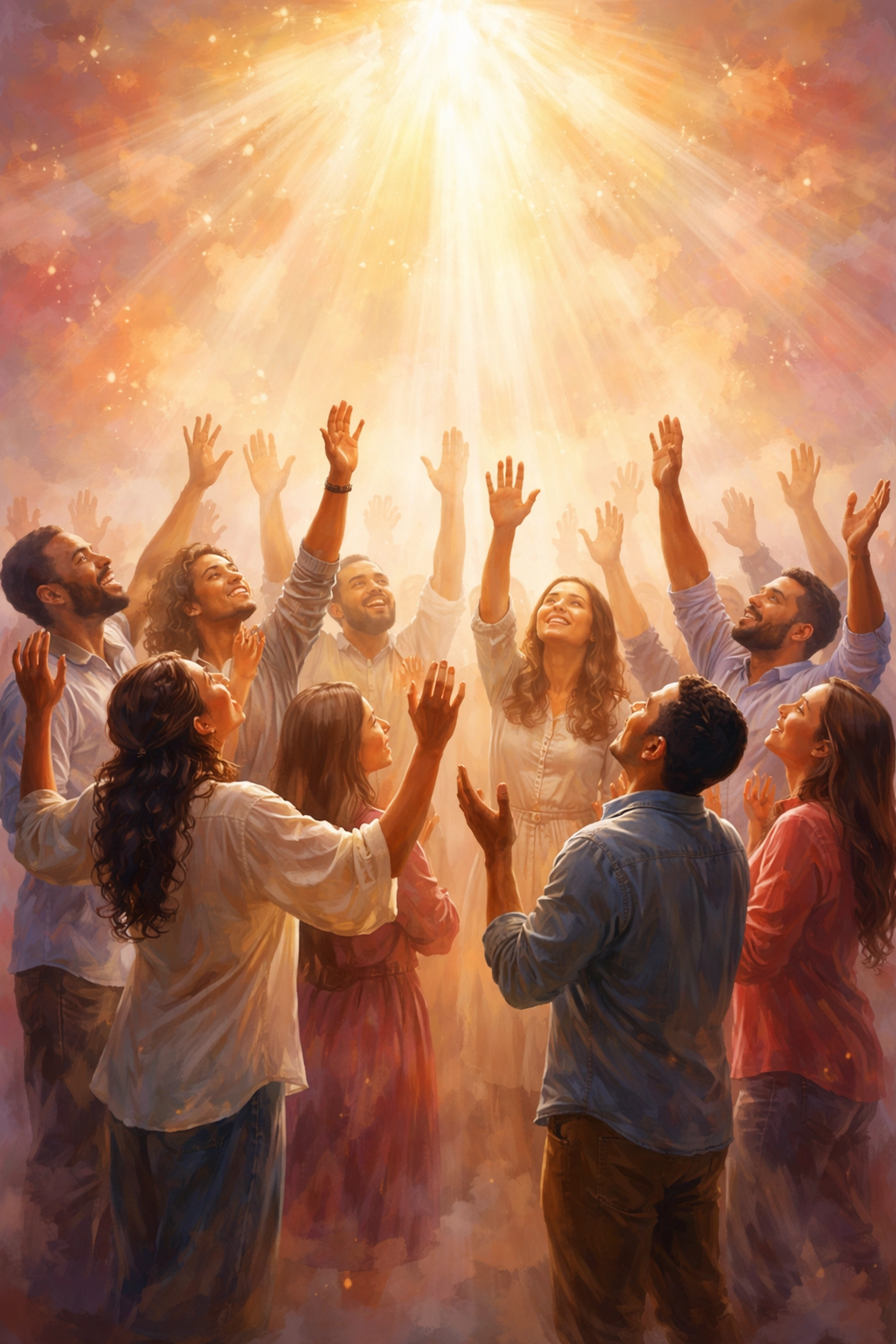 Diverse group worshipping together, illustrating unity in preparing for the baptism in the Holy Spirit