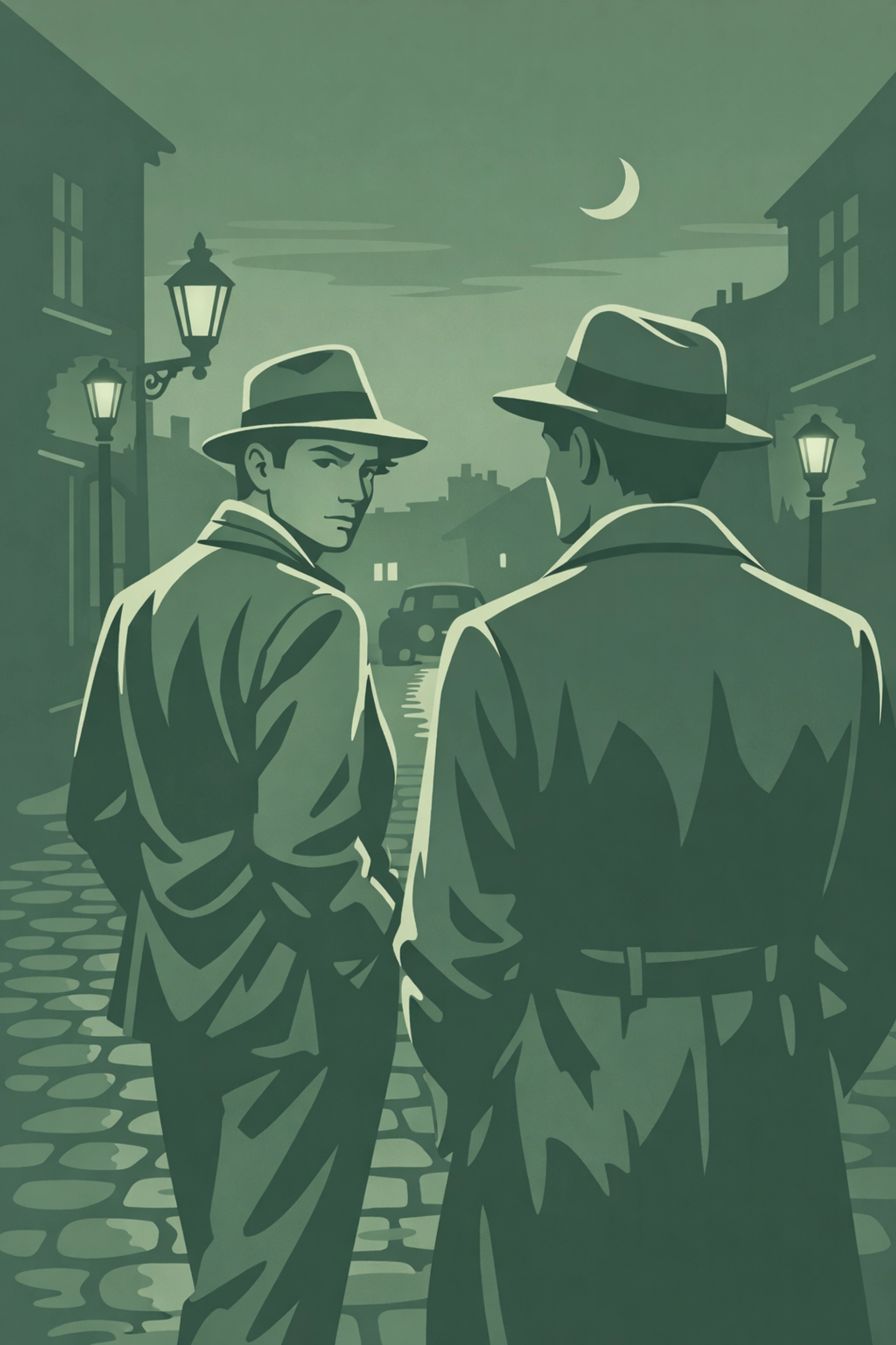 Gay historical romance couple in 1940s forbidden love moment on cobblestone street at dusk