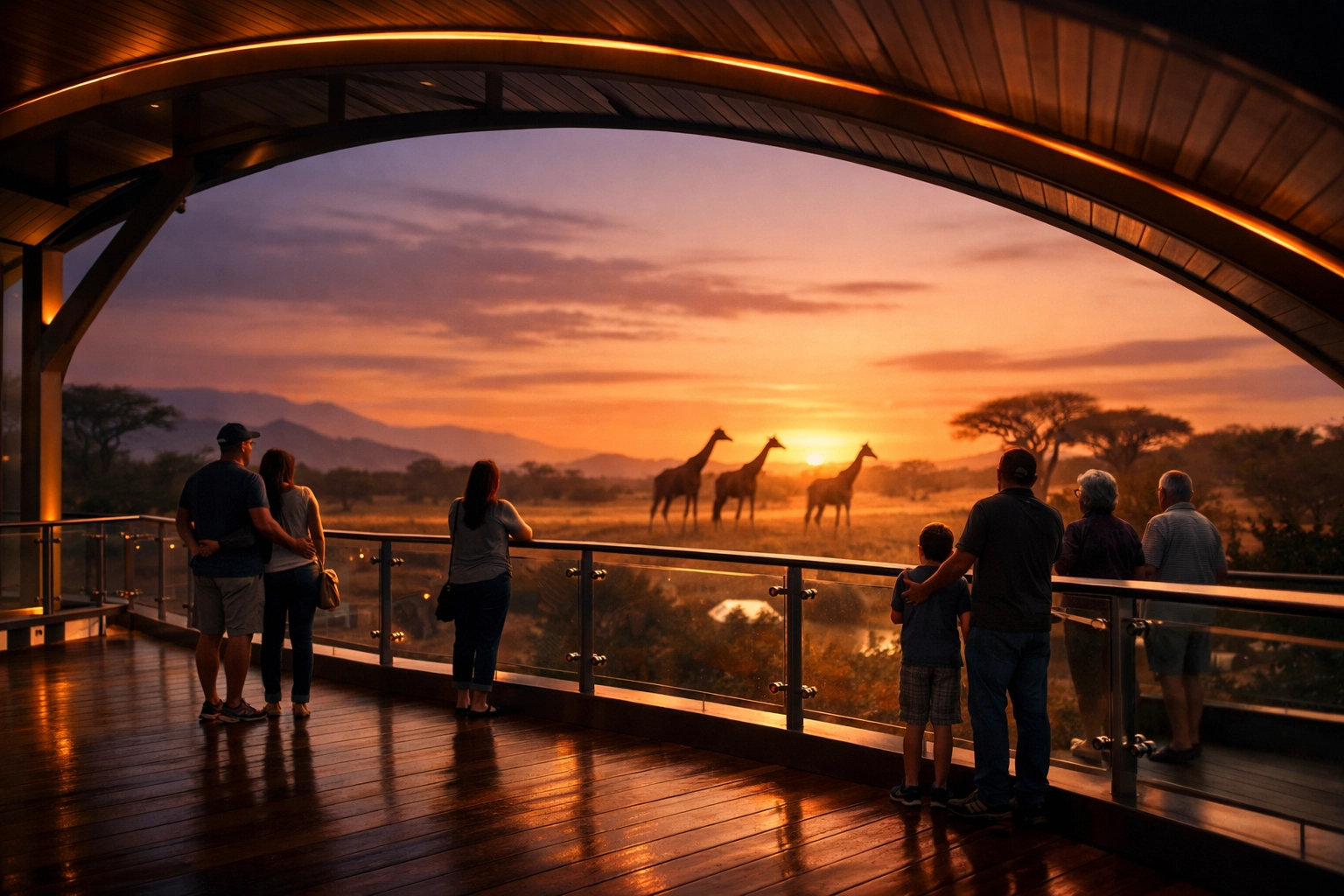 A premium zoo observation deck at sunset, offering a brand-safe and immersive environment for corporate sponsorships.