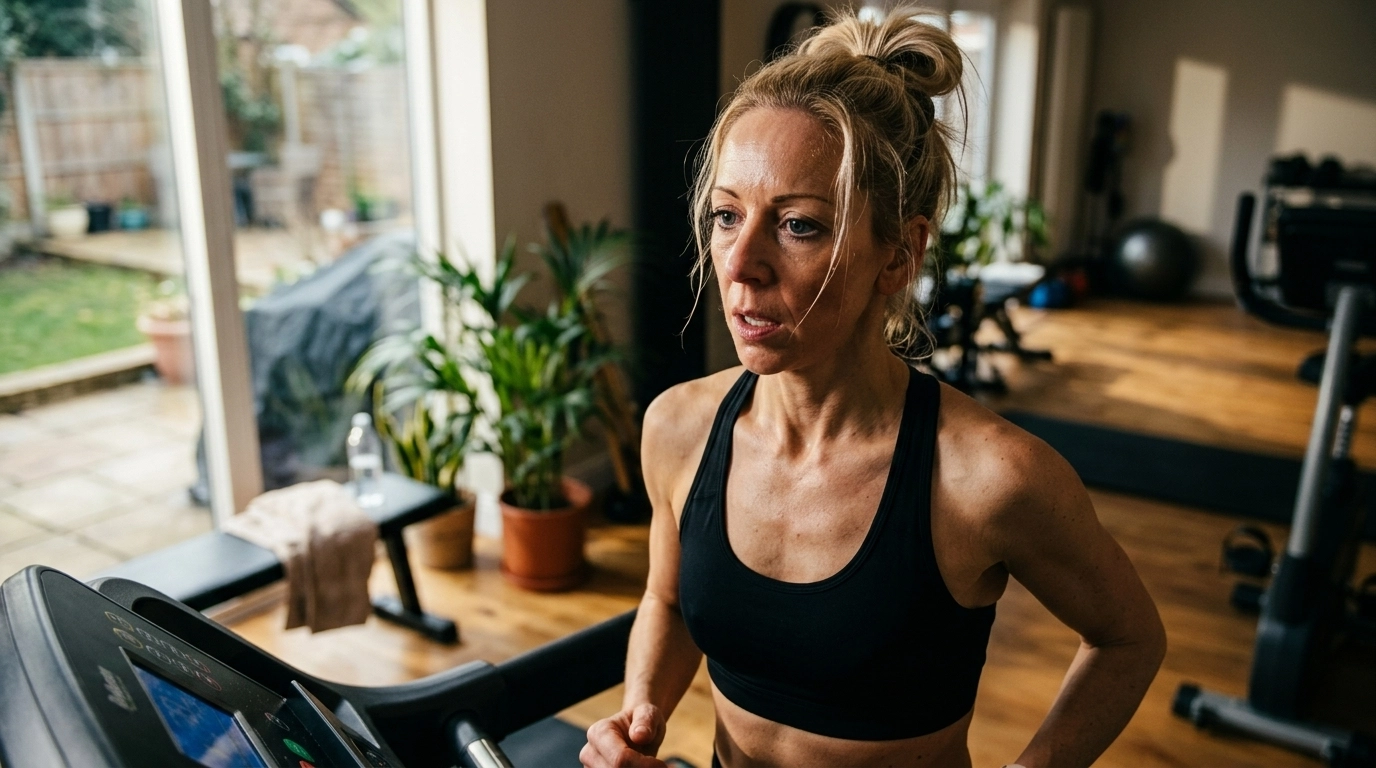 Woman looking wired but tired on a treadmill