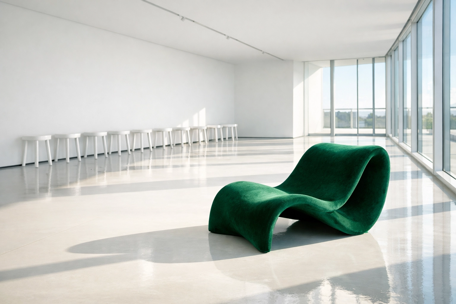 A unique green chair among identical stools, representing a custom-designed website standing out from templates.