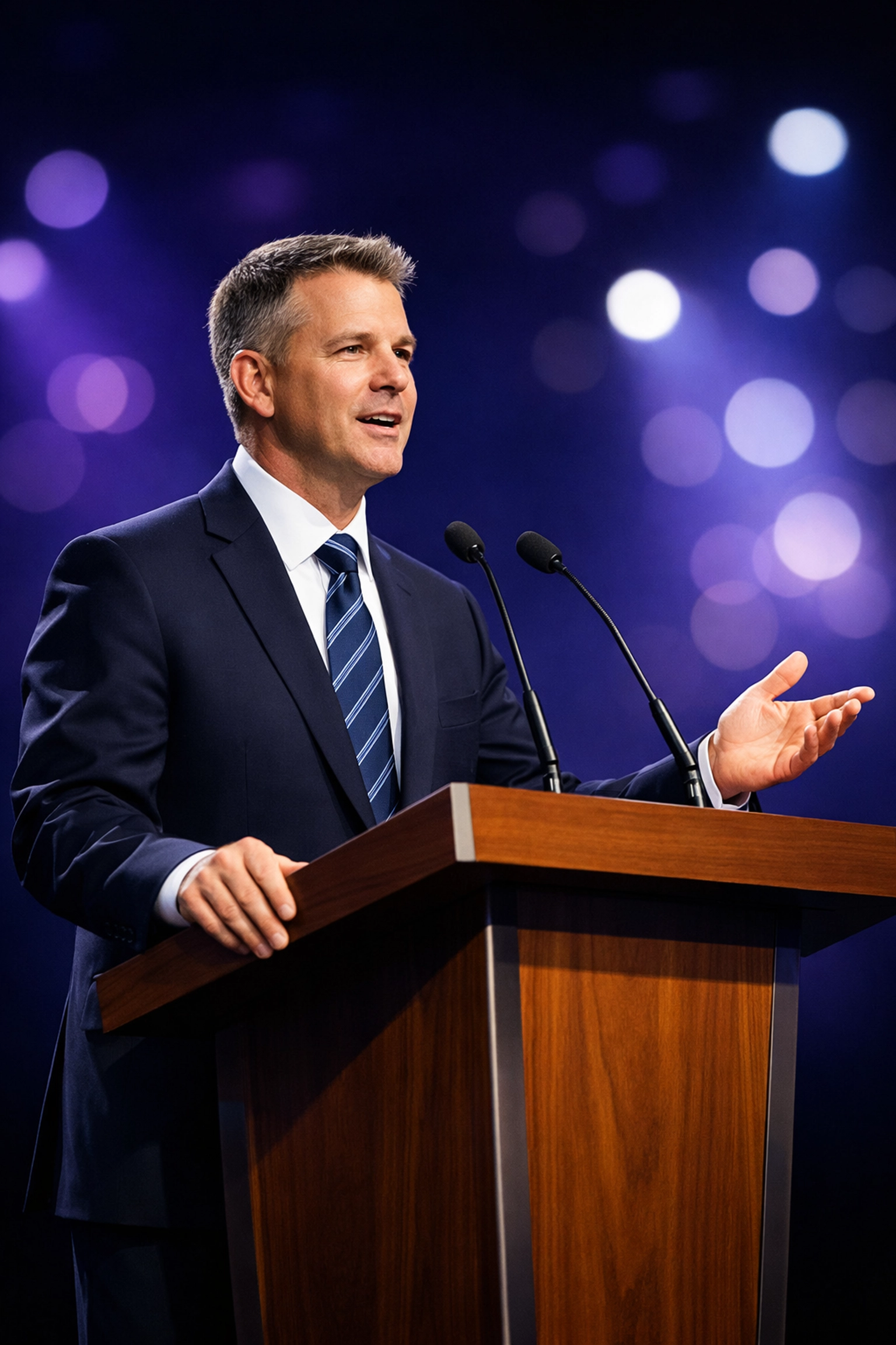 Sharp focus on a speaker at a pulpit under professional high-contrast church stage lighting.