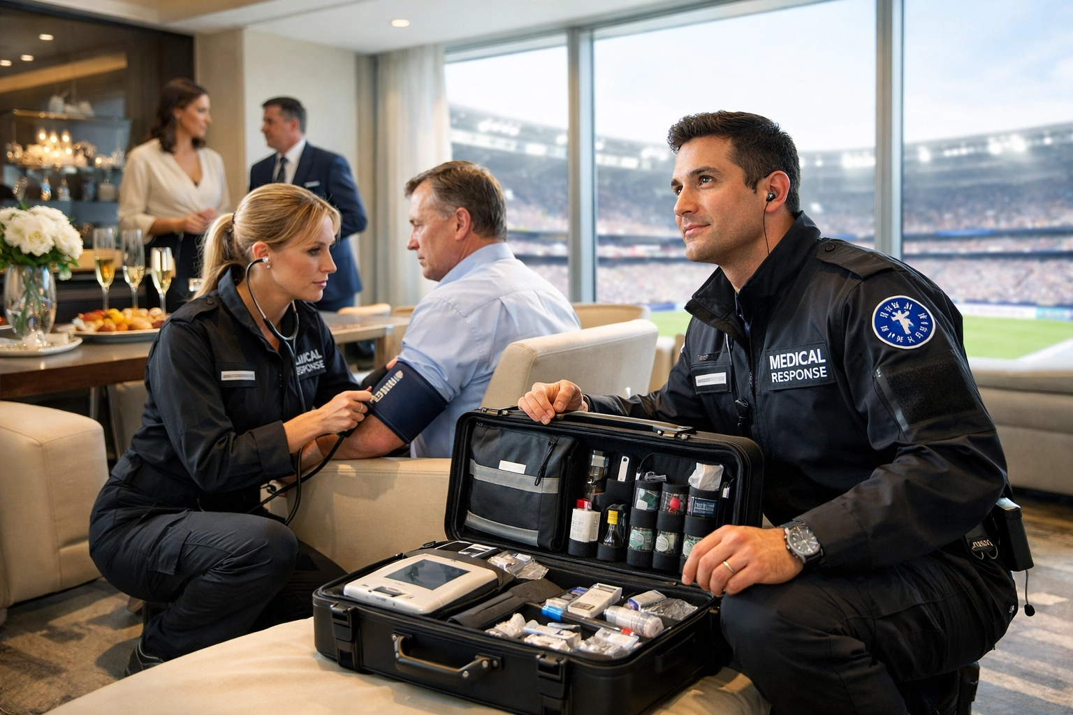 Private medical response team ready in VIP suite at Super Bowl 2026 corporate event